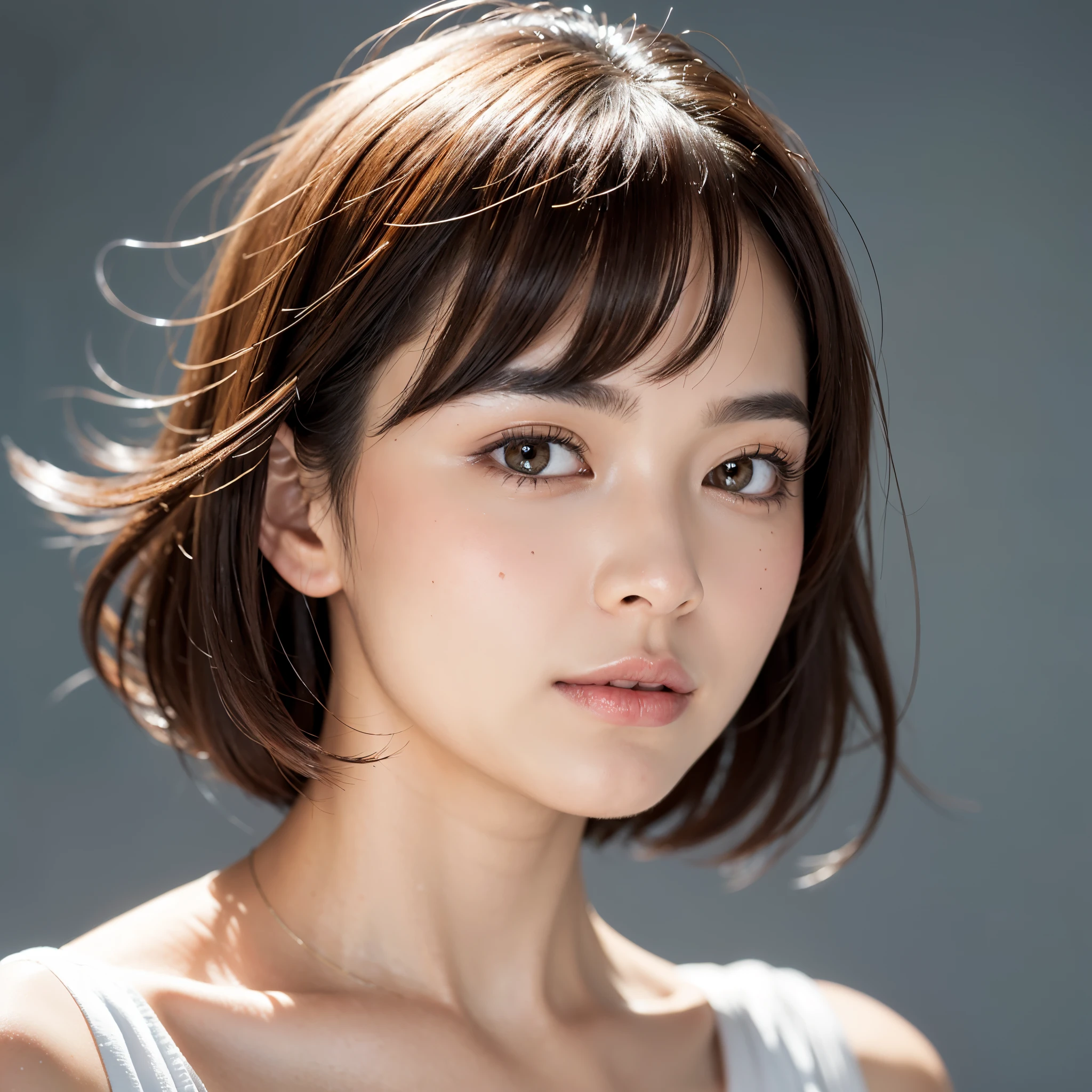 Stunning woman with short brown hair in blunt bangs that falls just above her eyebrows is captured under professional lighting, with her profile rendered in exquisite detail. Your smile, bright and charming, adds an alluring touch to this high-quality and professionally crafted image.

The photograph was skillfully taken using a 35mm lens at an F1 aperture, allowing for a shallow depth of field that puts the focus squarely on her hair and the delicate details around her face. The uncluttered white background further emphasizes her eternal beauty, making this an unparalleled masterpiece. (Top quality: 1.4, White background: 1.3)