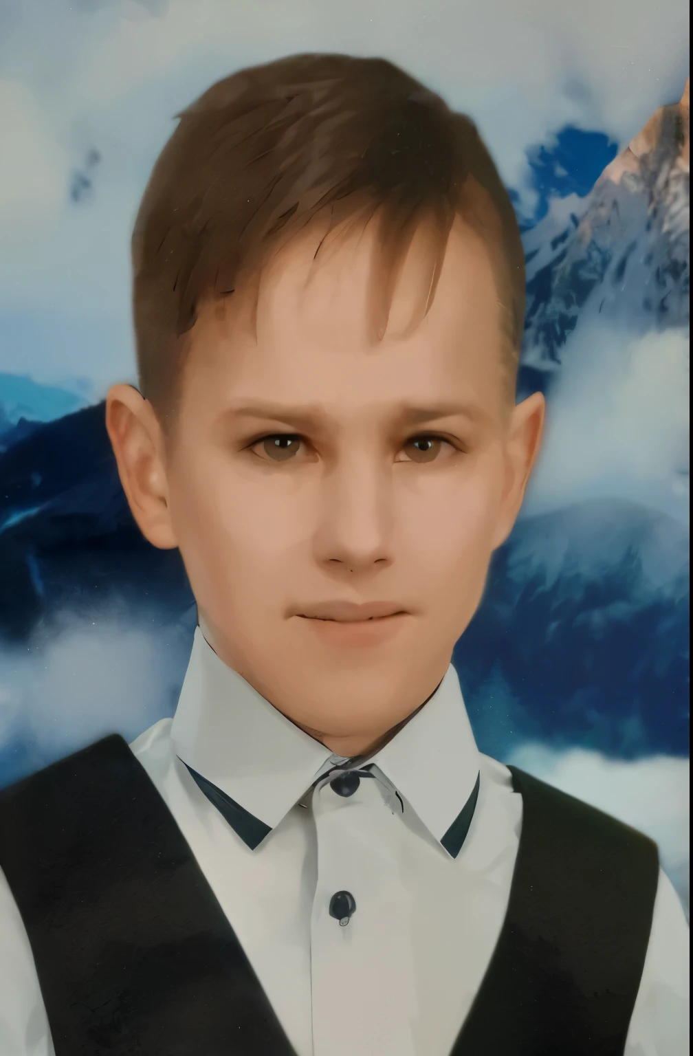 a boy in a vest and tie stands against the background of mountains, profile picture 1024px, Reyan, The picture is very, very low quality, Michael, daniil kudriavtsev, Vitaly Bulgarov, Raphael Personaz, azimov, old picture, Mohammed Shaheen, I agree with you