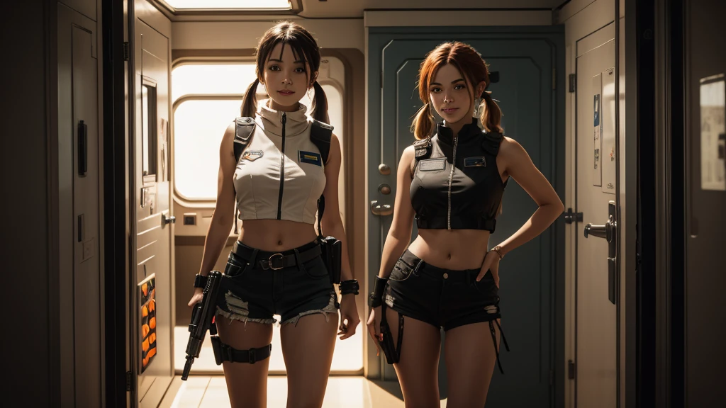 A barely lid large cabin with red carpet and beige walls of a spaceship in space, through the cabin's blast doors a corridor can be seen which leads to the command center of the spaceship, two persons are in the room, facing the viewer in front stands a 23 year old girl with ginger pigtail hair and small breasts taking off a grey jumpsuit with black zippers and orange nadges, she wears a very short and thin ripped top and tiny grey panties, at the door is another girl standing looking at the first girl with a wide smile, the girl at the door wears an open black tactical vest and worn and torn cutoff black shorts, in her left hand she holds a laser gun facing down to the floor, her combat boots barely reflect the bright light in the room, her right hand firmly sits on her hips