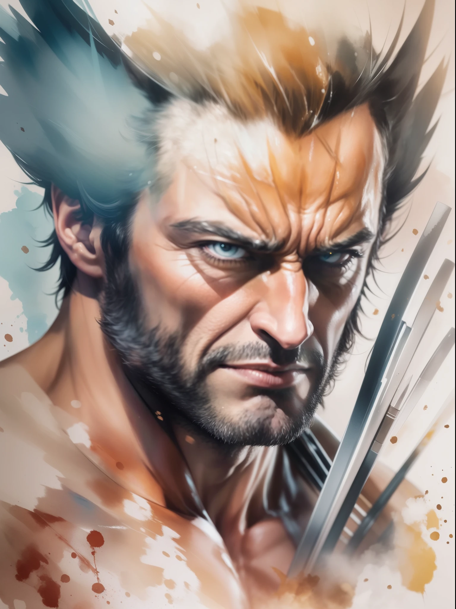 En este cautivador arte de acuarela, Wolverine X-man de Hugh Jackman, El carisma estalla en toques de color. Dynamic watercolors capture her versatile talent and striking presence, creando un retrato exquisito