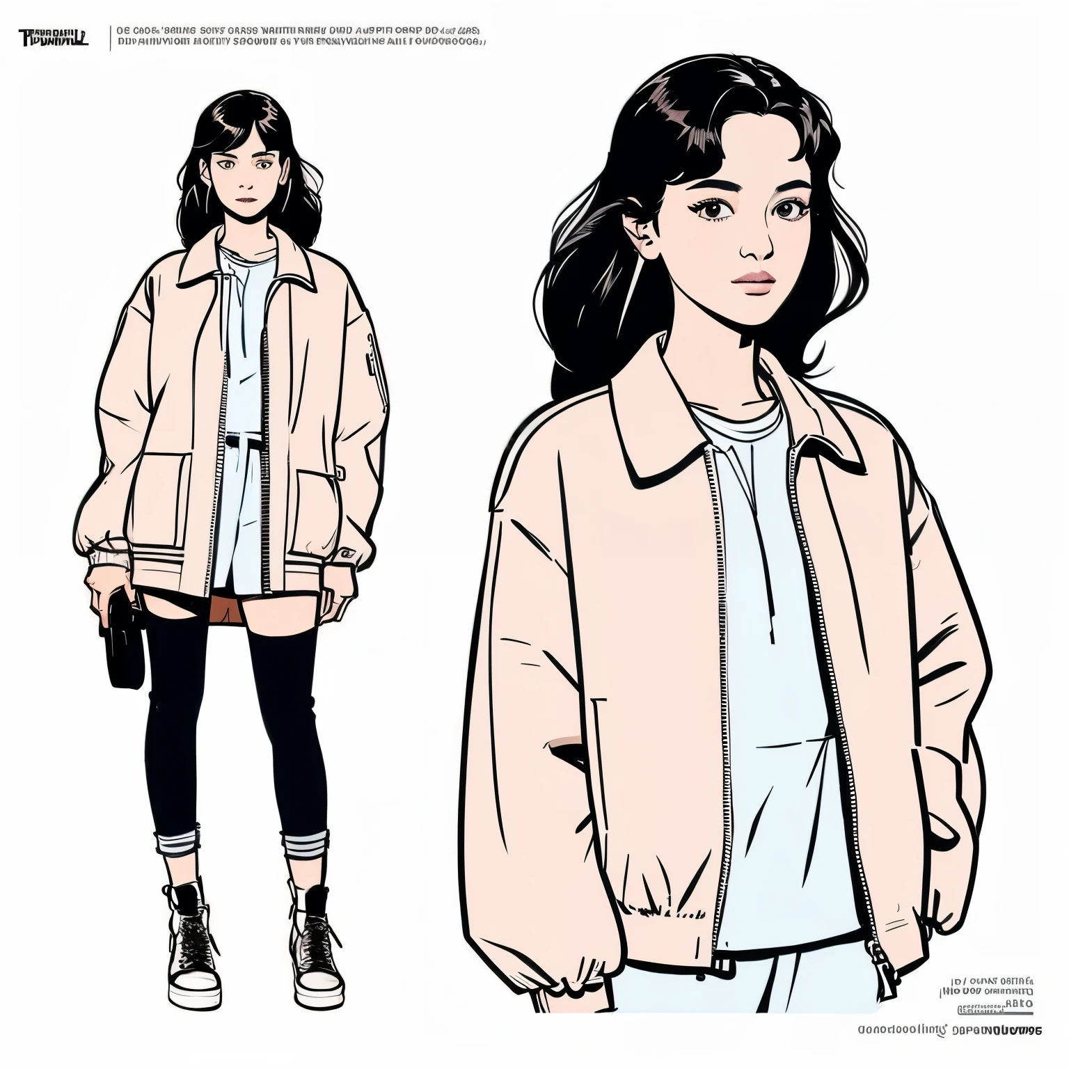 a drawing of a beautiful woman, a character portrait by Farel Dalrymple, featured on tumblr, figurativism, criterion collection, concept art, super simple line art, full body, fashionable, jacket