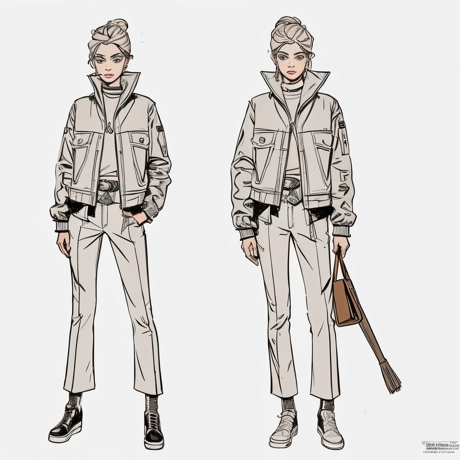 a drawing of a beautiful woman, a character portrait by Farel Dalrymple, featured on tumblr, figurativism, criterion collection, concept art, super simple line art, full body, fashionable, jacket
