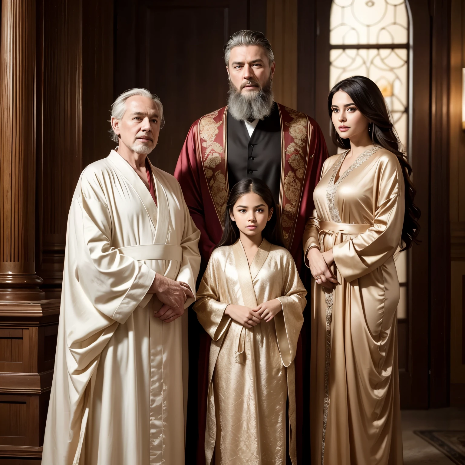 Masterpiece: 1.3), A family of three with a father and mother wearing long robes and one  in a dress
(Photorealistic:1.4), (Masterpiece, best quality, 8k), Intimate and vibrant scene of a loving family,
Father with a wise and serene expression, wearing an intricately designed, flowing robe, Bearded and with a gentle smile,
Mother beside him, her elegant features accentuated by her delicate long robe, Graceful and radiant with a tender expression,
 in a playful yet respectful pose, dressed in a beautiful, graceful dress, Holding a toy or flower,
