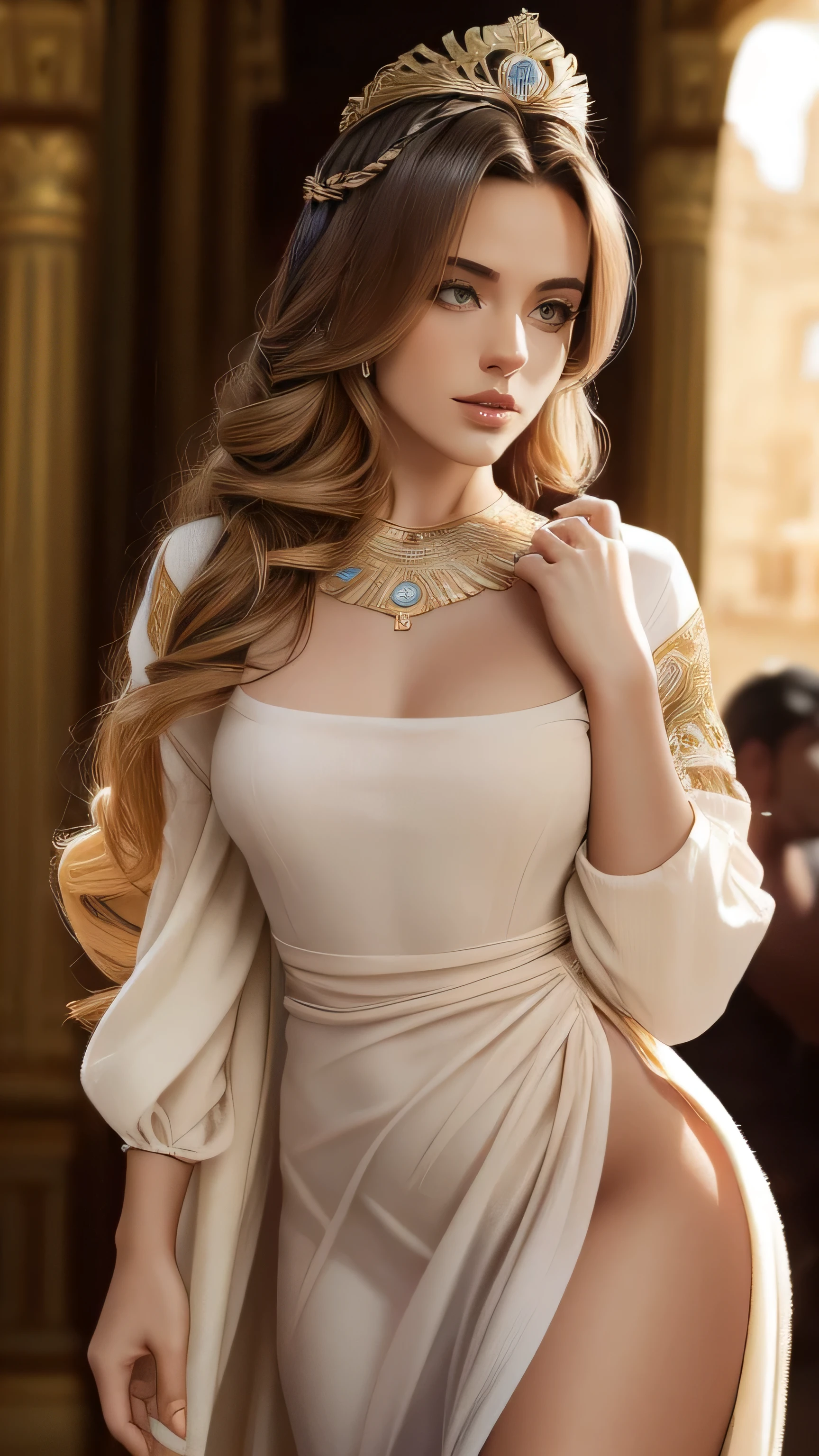 ( Masterpiece, 4k resolution, ultra-realistic, very detailed)  , in the style of realism, ,,, natural lighting, Defined full lips. feminine body (ancient Roman dress and hairstyle) (hand gagged by a man behind her) (wears a crown)  (full body)