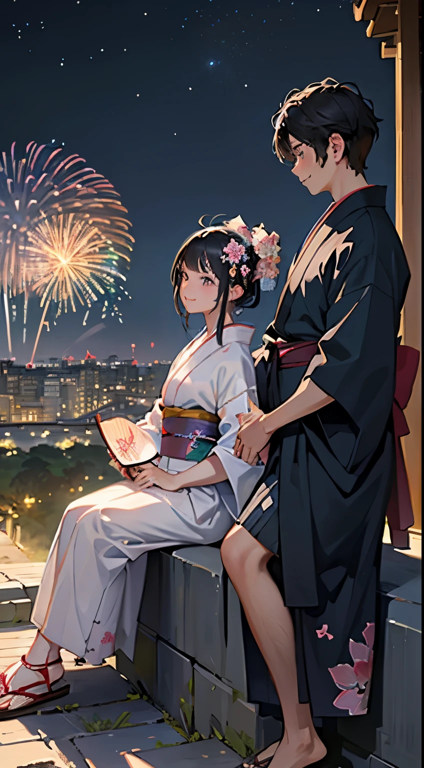 (Masterpiece), Summer, night, fireworks, girl, sitting with boy on stone steps, dark hair, short, beautiful indigo eyes looking at beautiful fireworks, smiling, profile, yukata (light cotton kimono worn in the summer), she hold traditional Japanese fan