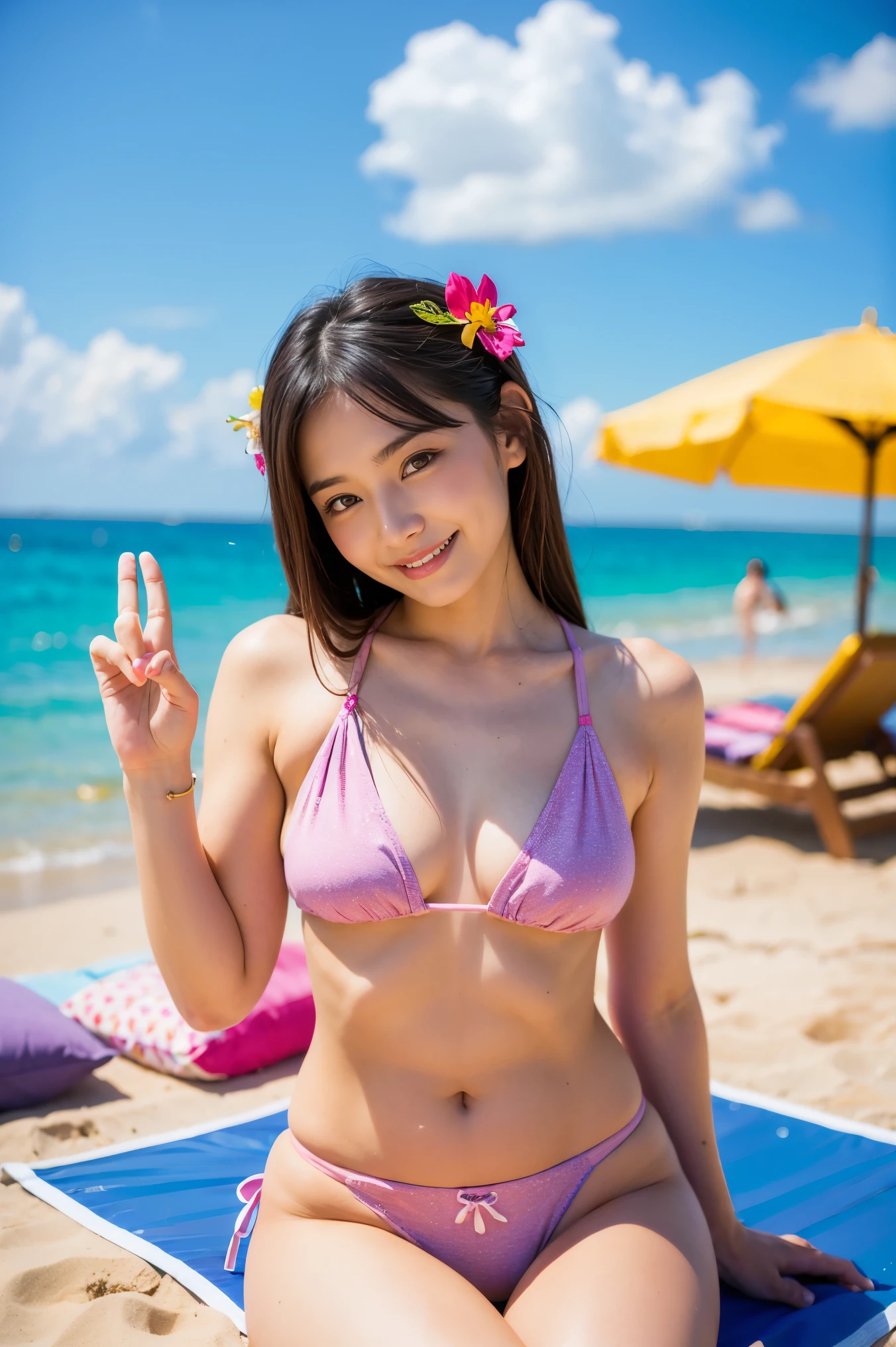 Midsummer beach、Very beautiful girl、Adorable and colorful expressions、100mm lens、full body shot、photo quality、Maximum number of pixels、The background is out of focus、Beautiful Asian woman sitting under a beach umbrella,(((Mature adult woman、pulling on panties、eight-headed body、head is very small、Smile、Nice style、model body shape、25 years old、The gesture of gazing at the sky and thinking about something、)))、swimsuit ASIDE,HIGHLEG PANTIES,