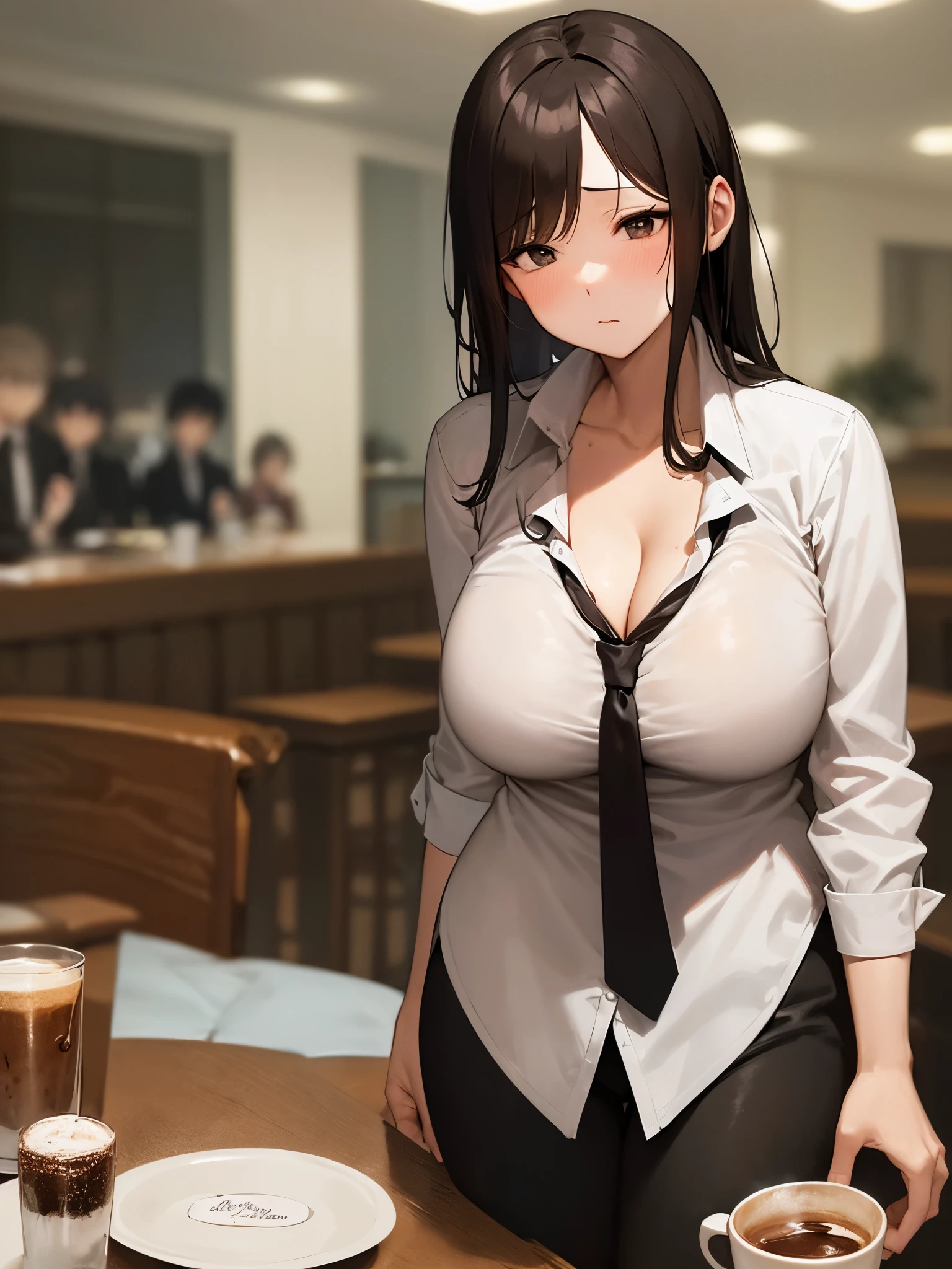 coffee、I think of you who won't come、adult elegant woman,adult middle age woman,down blouse,necktie,cafe,huge busty,sentimental、boredom,ennui,boredom,
