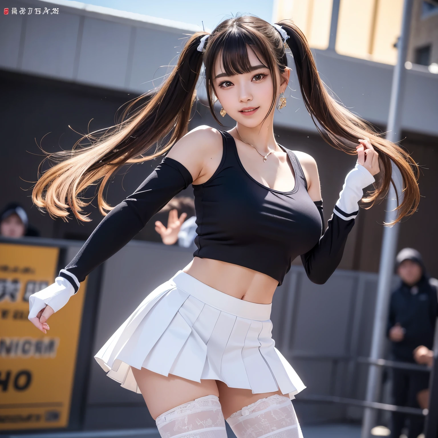 (8K, RAW photo, highest quality, masterpiece: 1.2), Super detailed, super resolution, (genuine, genuine photos: 1.37), portrait, High-definition RAW color photo, professional photos, 非常に詳細で美new, very detailed, 8k wallpaper, amazing details, huge file size, official art, very detailed CG Unity 8k wallpaper, very detailed beautiful girls, very detailed facesHighly detailed eyes, Very fine skin, very detailed fingers, very small nose, very detailed detailed mouth, perfect anatomy, detailed background, Fine clothes,20th generation, cute girl, genuineistic body, white skin, glowing skin, (dull bangs: 1.2), smile, cute, like々new, cute face, genuineistic face, delicate eyes, sagging eyes, (Super miniskirt cheerleader costume), earrings, looking at camera, dynamic lighting, G cup breasts,big breasts、I can see your pants、panty shot、baseball Ground、dynamic dance pose、twin tails