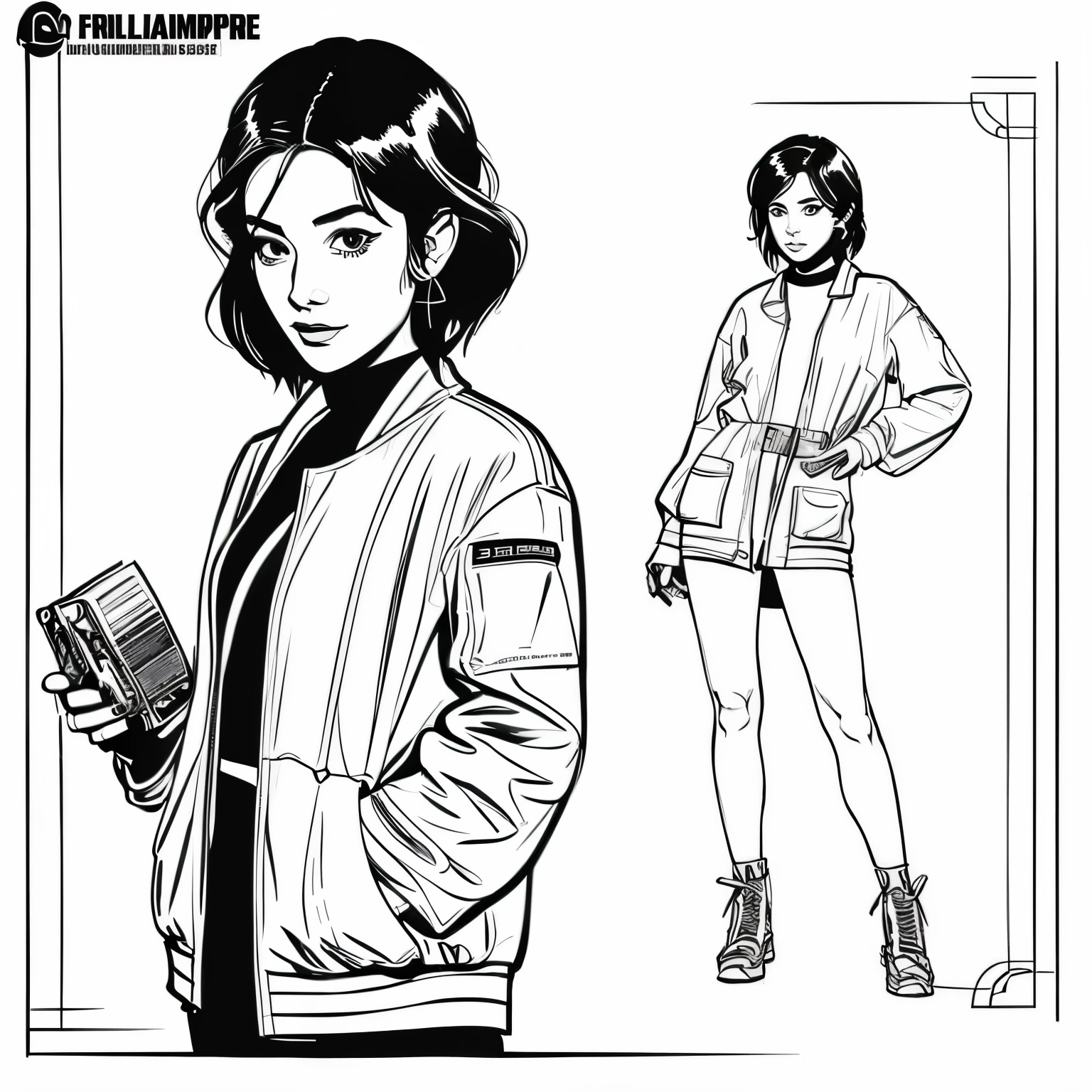 a drawing of a sexy woman, a character portrait by Farel Dalrymple, featured on tumblr, figurativism, criterion collection, concept art, super simple line art, full body, fashionable, jacket