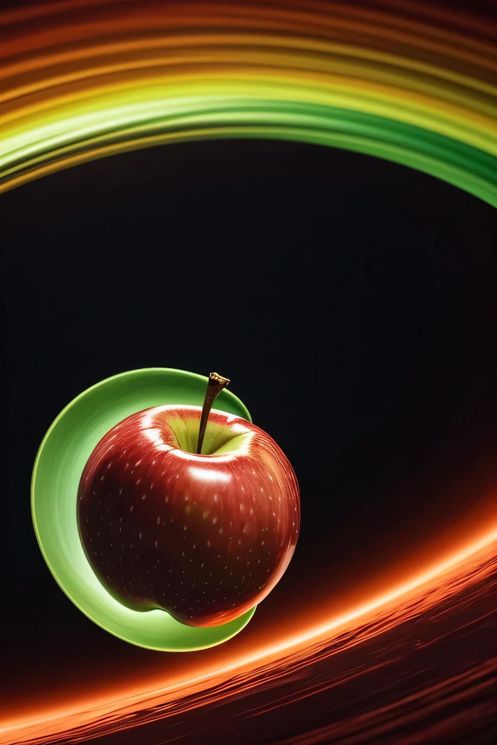 A surreal scene of a floating apple, defying the laws of gravity, surrounded by a swirling vortex of energy. Will it succumb to gravity or continue its defiance?
