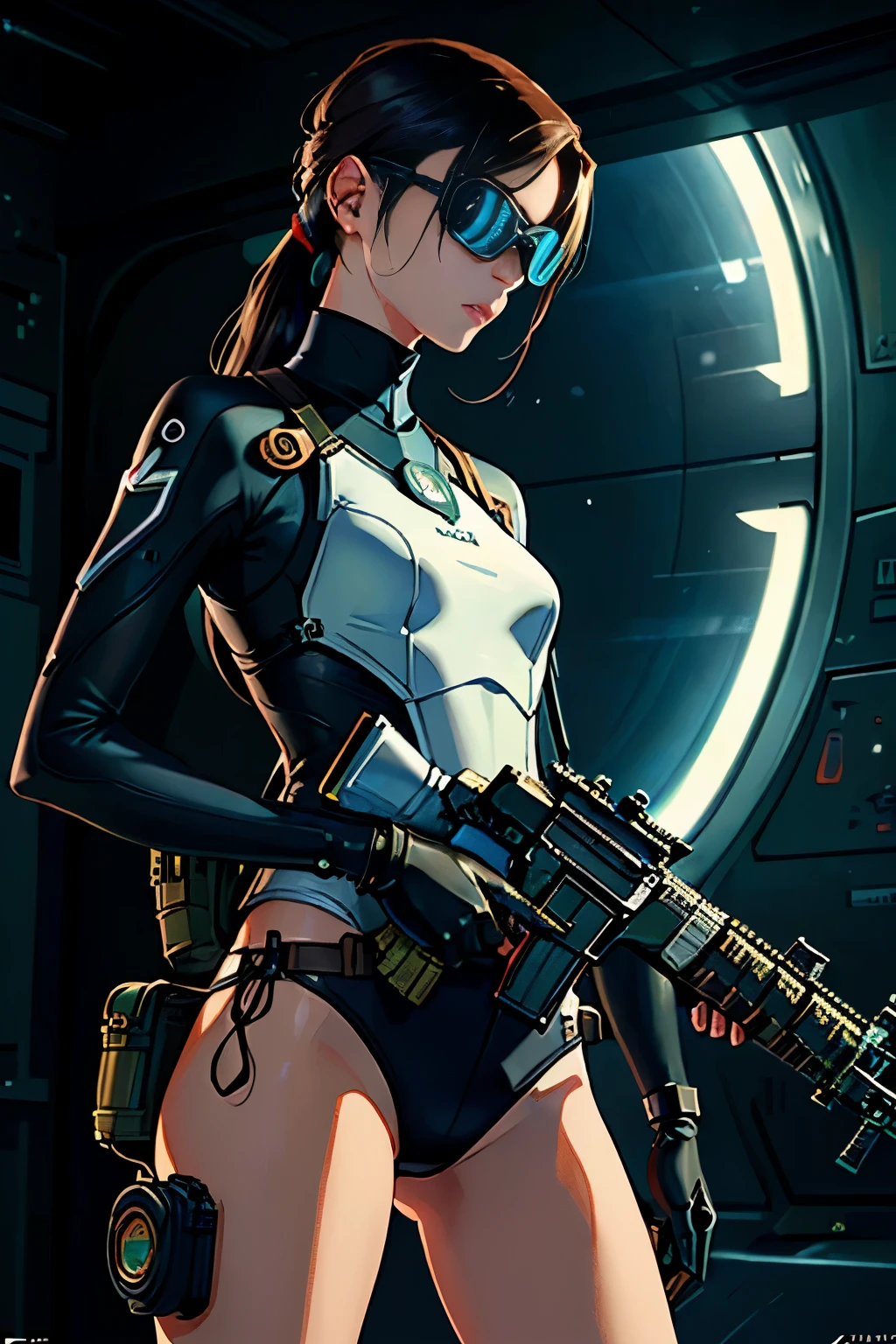 (ultra-realistic photo: 1.6), (Extremely detailed: 1.5), (Skinny 17-year-old: 1.2), (90-pound: 1.2), (Indonesian government agency spy agent: 1.3), (Folded legs: 1.4), (Sophisticated-looking AK-47 pistol: 1.4), (Pair of futuristic goggles: 1.3), (Dystopian background: 1.3), (Sophisticated imagination: 1.4), (High-tech: 1.3), (Realistic: