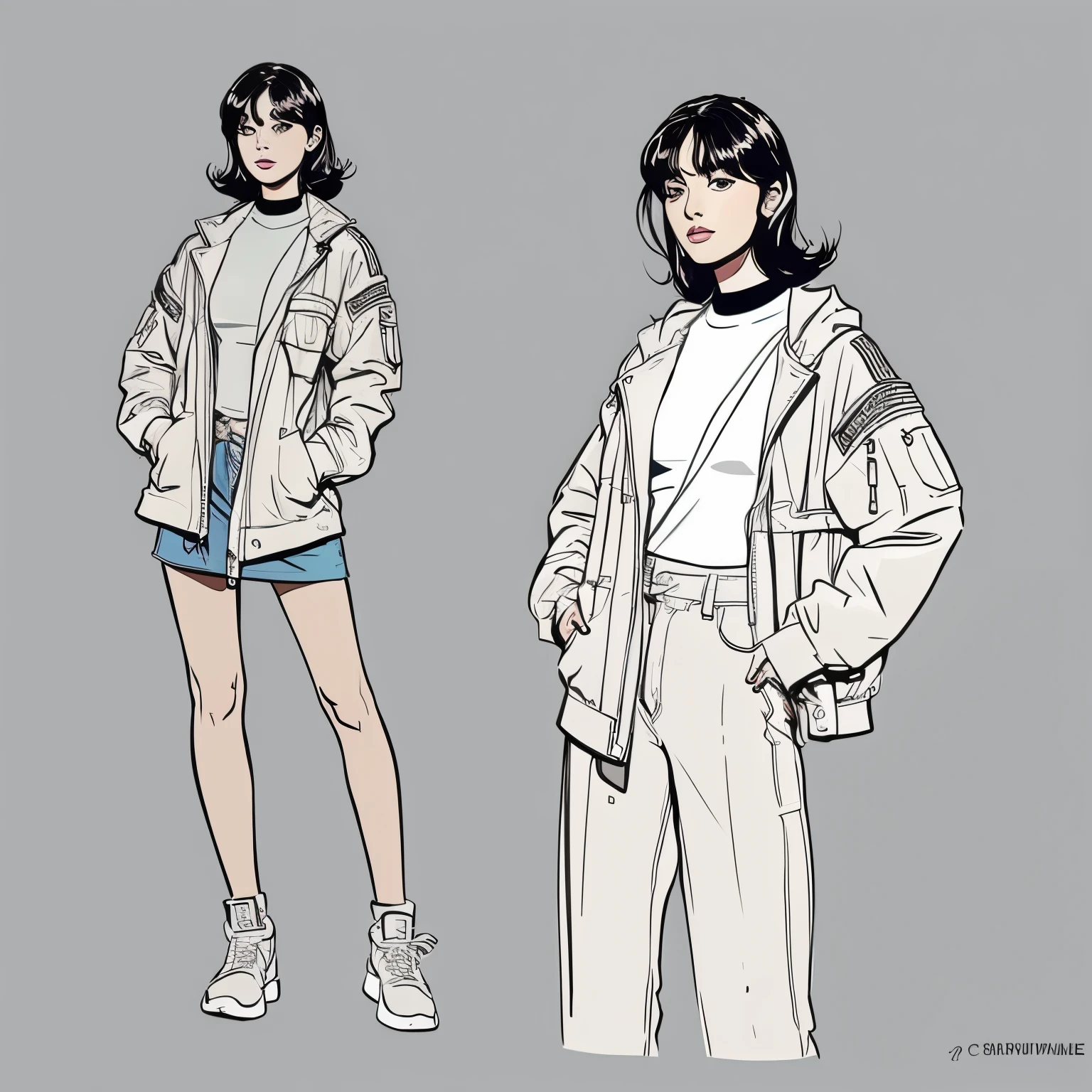 a drawing of a sexy woman, a character portrait by Farel Dalrymple, featured on tumblr, figurativism, criterion collection, concept art, super simple line art, full body, fashionable, jacket