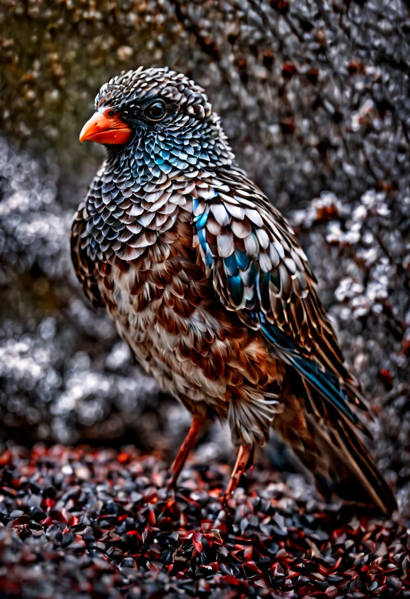 diamond armor bird, translucent, высококачественная photo, 3-point lighting, Flash with softbox, 4K, Canon EOS P3, HDR, smooth, Sharp Focus, a high resolution, photo, award winning, 80 mm, f2.8, hips