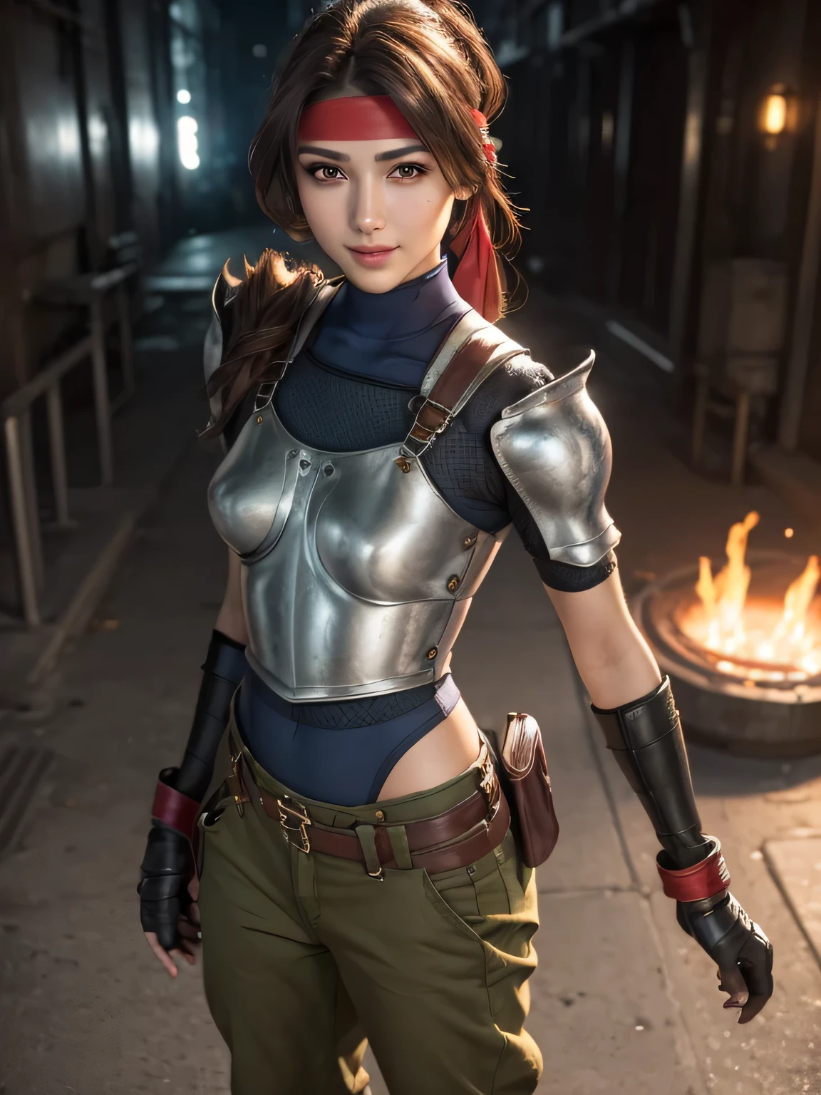 (masterpiece, best quality:1.4), (full body:1.5), (standing:1.2), 1girl, solo, (olive skin, European girl), jessie rasberry, headband, armor, blue bodysuit, belt, fingerless gloves, green pants, boots, full body, looking at viewer, sexy smile, beautiful face, highly detailed face, highly detailed olive colored skin, skin pores, in a metallurgy fabric, subsurface scattering, realistic pupils, small breast, full face blush, full lips, detailed background, depth of field, volumetric lighting, sharp focus,  realistic proportions, good anatomy, (realistic, hyperrealistic:1.4)