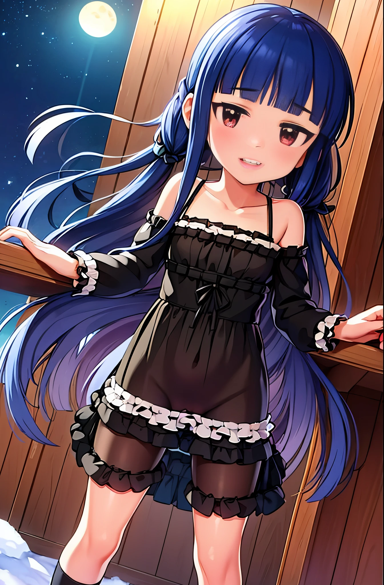 yukimi, 10 yo., long hair, blunt bangs, flat chest, expressionless, shy, twintail haired, black one-piece dress, see-through one-piece, frilld, (see-through silhouette:1.2), (see-through pussy:1.4), pussy, knee high-socks, standing, outside, snowing, at night, best quality, masterpiece, 16K, cute, smile,