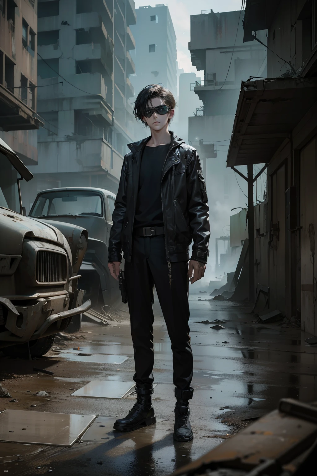 In the heart of a desolate, dystopian landscape, a slender and lanky figure of a 17-year-old Indonesian government agency spy stands with poise and sophistication. With his legs folded neatly, he cradles a highly realistic AK-47 pistol, its metallic sheen reflecting the gloom of the environment. His piercing, serious eyes are concealed behind state-of-the-art, futuristic goggles.

The atmosphere is filled with an impending sense of danger and tension. Aged, crumbling buildings and rusted machinery litter the background, creating a backdrop of decay and despair. The dimly lit scene, ad
