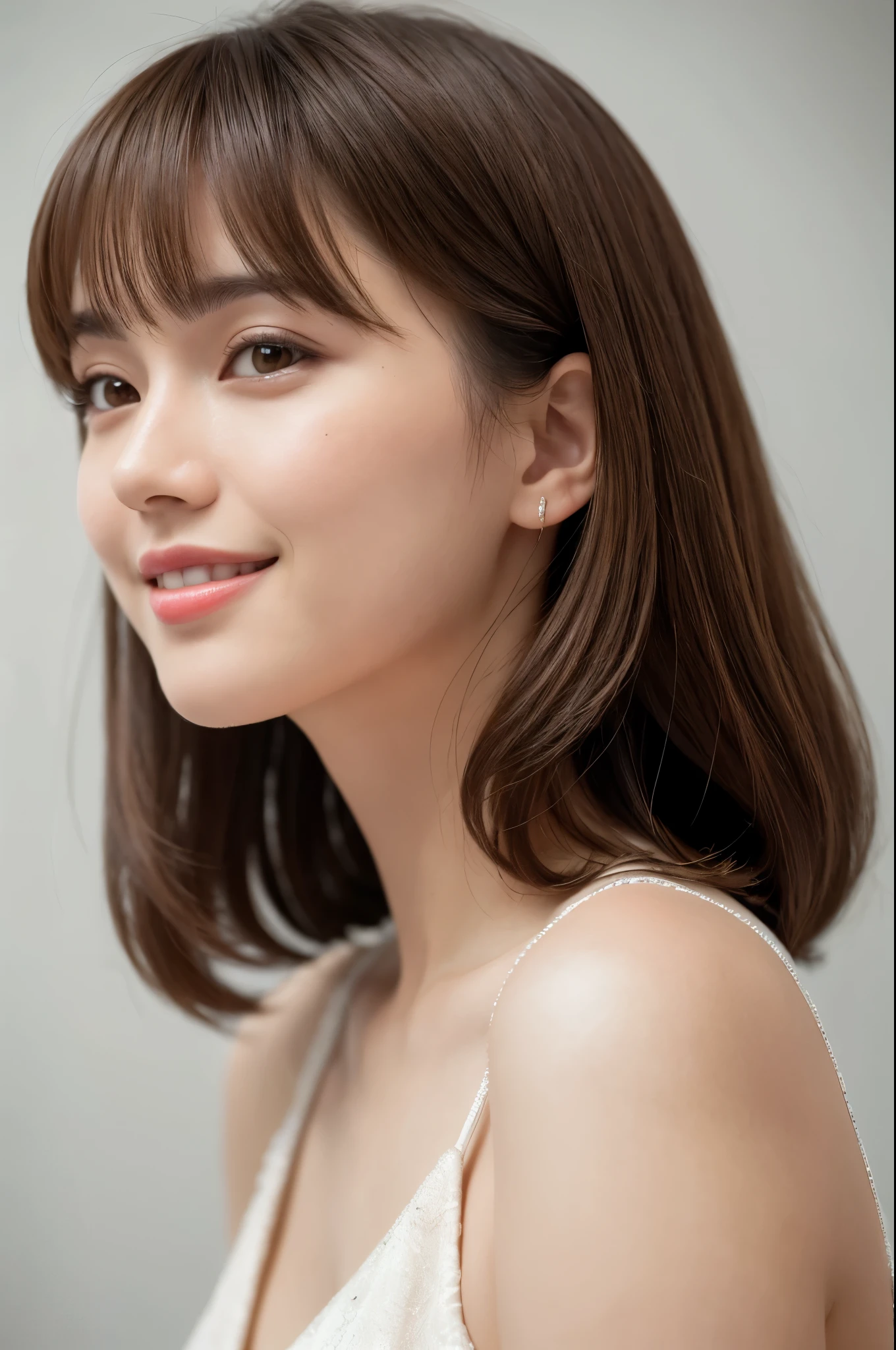 One short beautiful woman with short, brown hair that falls just above her eyebrows and blunt bangs is photographed under professional lighting, highlighting every intricate detail of her profile. Her hair casts a warm, inviting glow against the clean white background. The image is captured with a 35mm lens at an aperture of F1.4, bringing the delicate strands of her hair into sharp focus. Her bright and charming smile radiates from the frame, adding to the unparalleled masterpiece that is this high quality photograph.