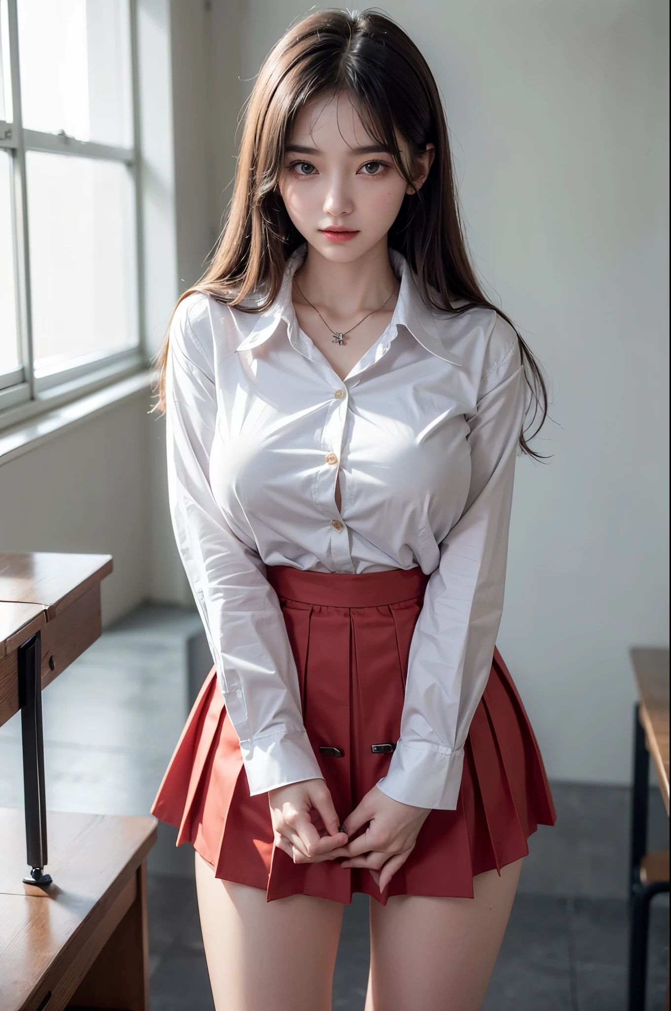 (Pulling up a skirt with both hands:1.8)、(I can see my pants:1.8)、((No makeup:1.2))、(Shirt open to the third button:1.8)、(realistic、Photoreal、super detailed、best detailed skins、highest quality、masterpiece、Super high resolution)、cute japanese woman、、high school girl、young girl、1 girl、have bangs、double eyelid、purity、double teeth、realistic肌タイプ、fluffy hair、red cheeks、(school uniform shirt)、white shirt with long sleeves and collar、checked skirt、(black hair)、bright classroom、(school classroom)、bright atmosphere、8K RAW photo、High resolution、(very big round breasts:1.2)、beautiful eyes、detailed eyes、drawn in detail、long eyelashes、美しいdouble eyelid、beautiful and very thin legs、(Beautiful and very thin thighs),simple necklace、extremely short skirts、Quite embarrassed look、red cheeks、(troubled face),duck mouth、evil smile、evil look、beautiful and very thin legs、Beautiful and very thin thighs,
