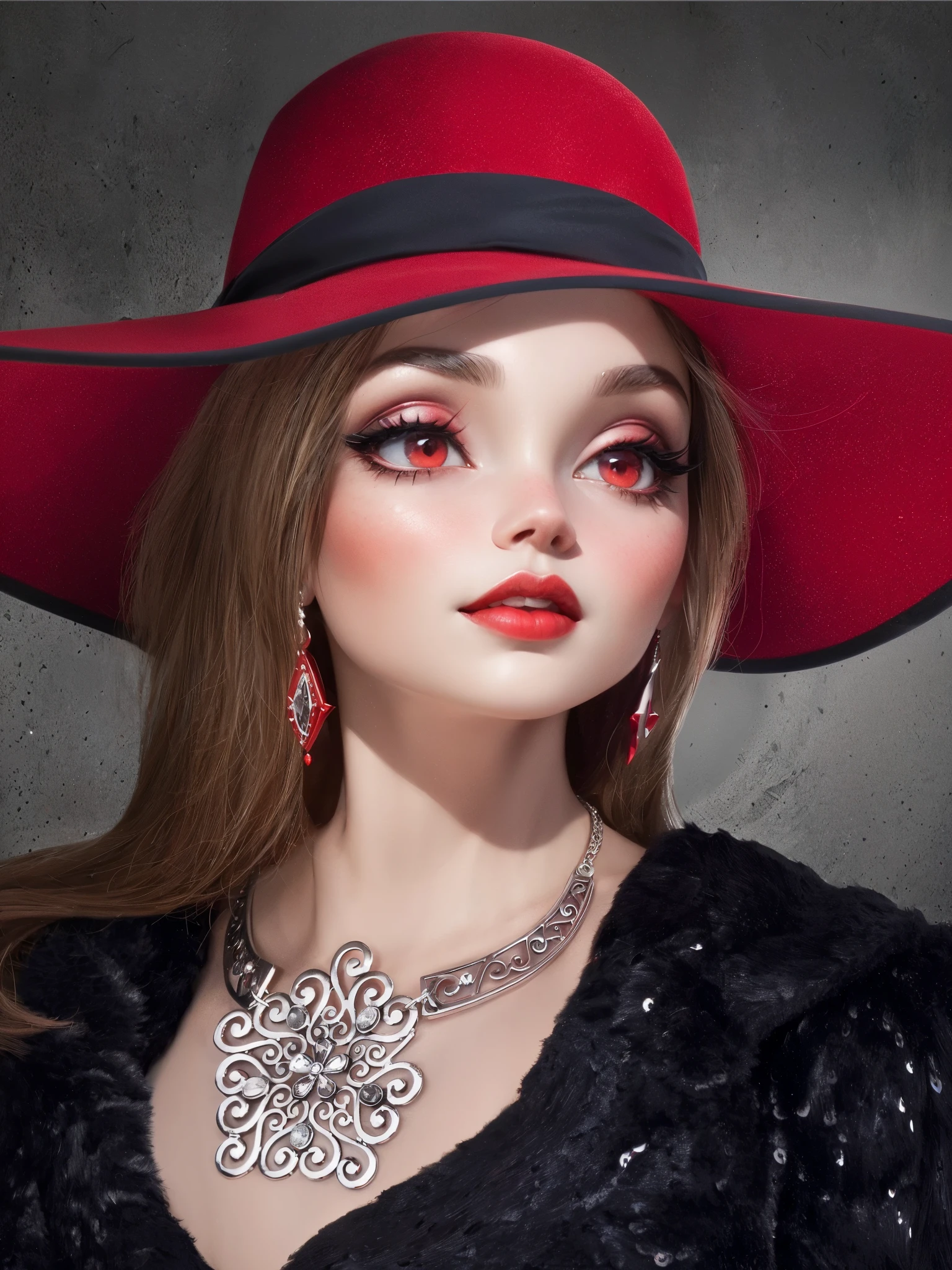 arafed woman wearing a red hat and a black dress, grey eyes, red hat, portrait color glamour, glamour portrait, color studio portrait, portrait shot, red dress and hat, mysterious glamour, glamour shot, red adornements, red and black tones, portrait fashion model, in red and black, crimson accents, red jewelry, red dress and magic witch hat