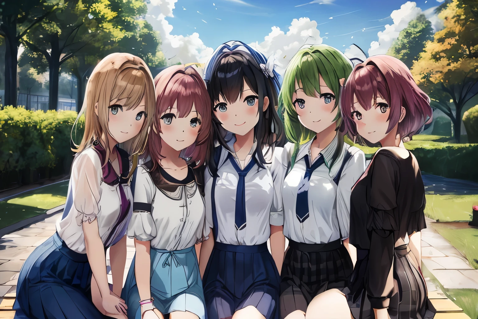 anime girls sitting on a bench in a park with trees in the background, anime girls, Kantai Collection Style, girls front line style, ecchi anime style, anime style 4k, Hololive, anime! 4K, anime! 4k, beautiful anime high school girl, cute anime, visual novel CG, anime moe artstyle, Dolls Frontline CG, anime best girl
