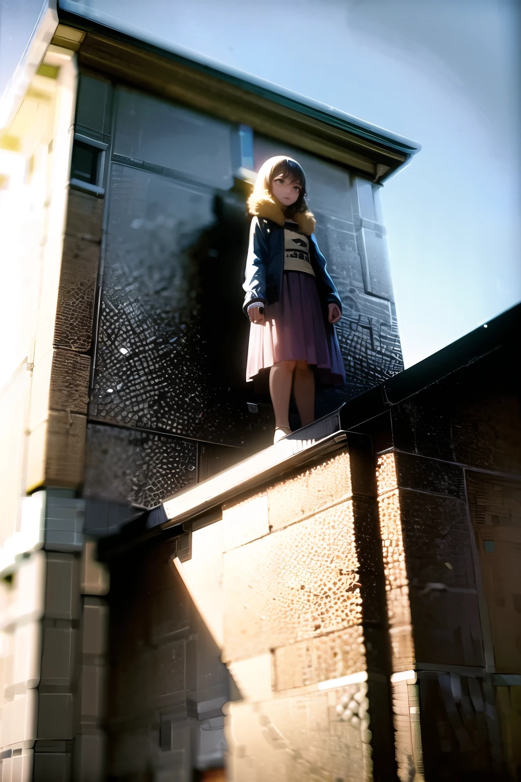 ((highest quality)), ((masterpiece)), (be familiar with), A woman looking down from the roof of a building with a gloomy face