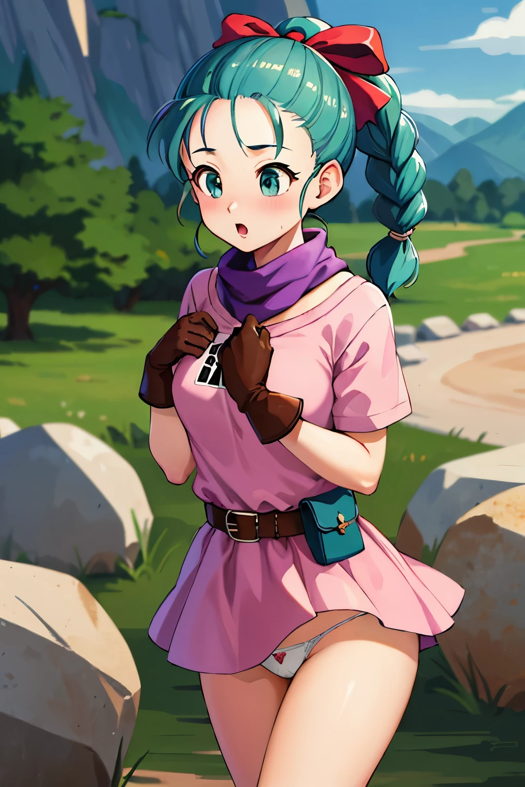 ​masterpiece, top-quality, hight resolution, dragon balls, blmpony, aqua hair, Hair Ribbon, braided ponytails, Pink shirt, a belt, scarf, Pink skirt, Writing on clothes, Brown gloves, medium chest, plein air, cowboy  shot, nsfw,white panties