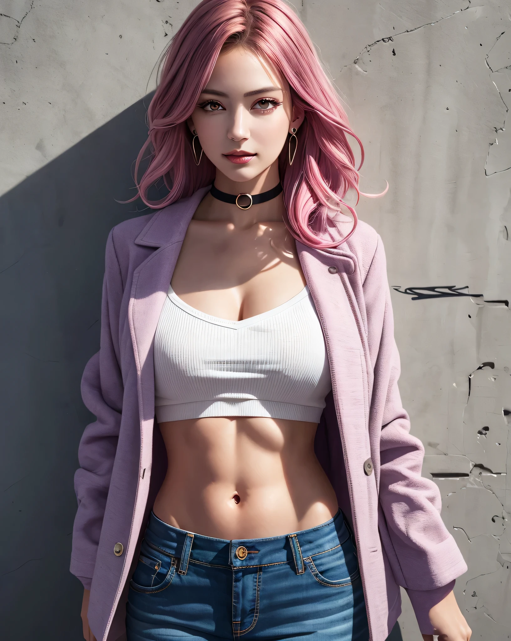 (masterpiece, highest quality, 1 girl, alone, intricate details, chromatic aberration), realistic, ((Medium breathing)),long hair, pink hair, red headdress, pink highlights, hair above one eye,purple eyes, earrings, clear eyes, choker, Neon Shirt, open jacket, crop top, (eye of symmetry),(perfect symmetrical body),towards the wall, brick wall, graffiti, dim lighting, alley ,look at the audience