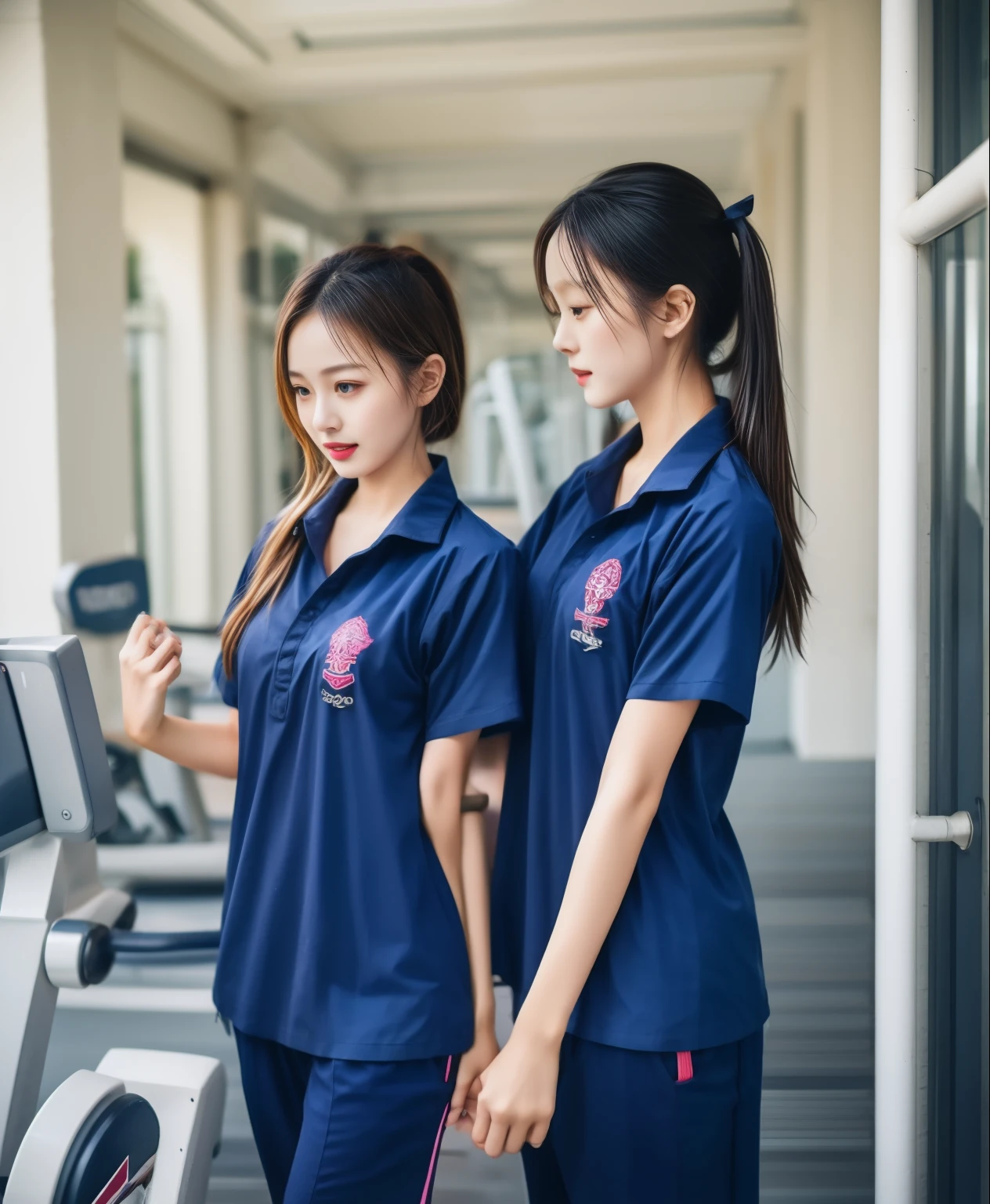 3 girls in fitness center, Navy blue short-sleeved shirt,Navy Long Trackpant,Sweatpants, Sweatpantsขายาว,25 year old girl, , sexy, ecise clothes, wet body, exercise clothes