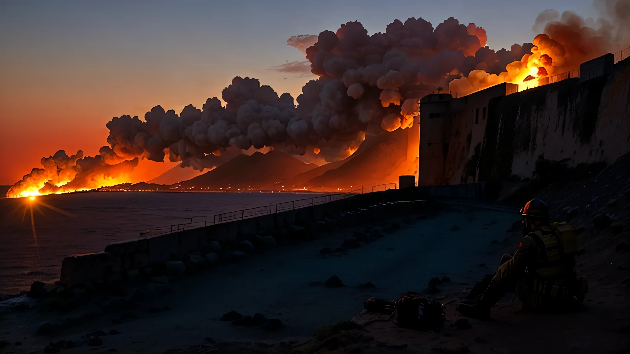 No horizonte, the military fortress is on fire, as the sun sets in the background, criando uma atmosfera sombria e sinistra.
