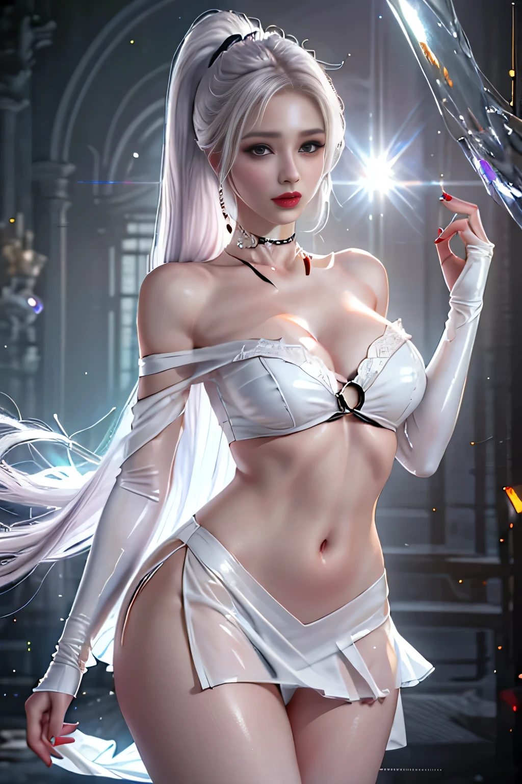1 beutiful girl, (off shoulder translucent、Pure white dress mini skirt type), purple platinum long ponytail hair, jewelry, ear jewelry,, Carefully drawn large purple eyes, Be careful with makeup, thin eyebrows, high nose, Beautiful red lips, No smile, pursed lips, rosy cheeks, (medium sized breasts), proportional breasts, slim waist, colorful, bright and realistic, RAW photo, realistic pictures, ultra high quality 8k surreal photos, (effective fantasy light effect: 1.8), highly detailed eyes, look at the audience, dynamic pose,