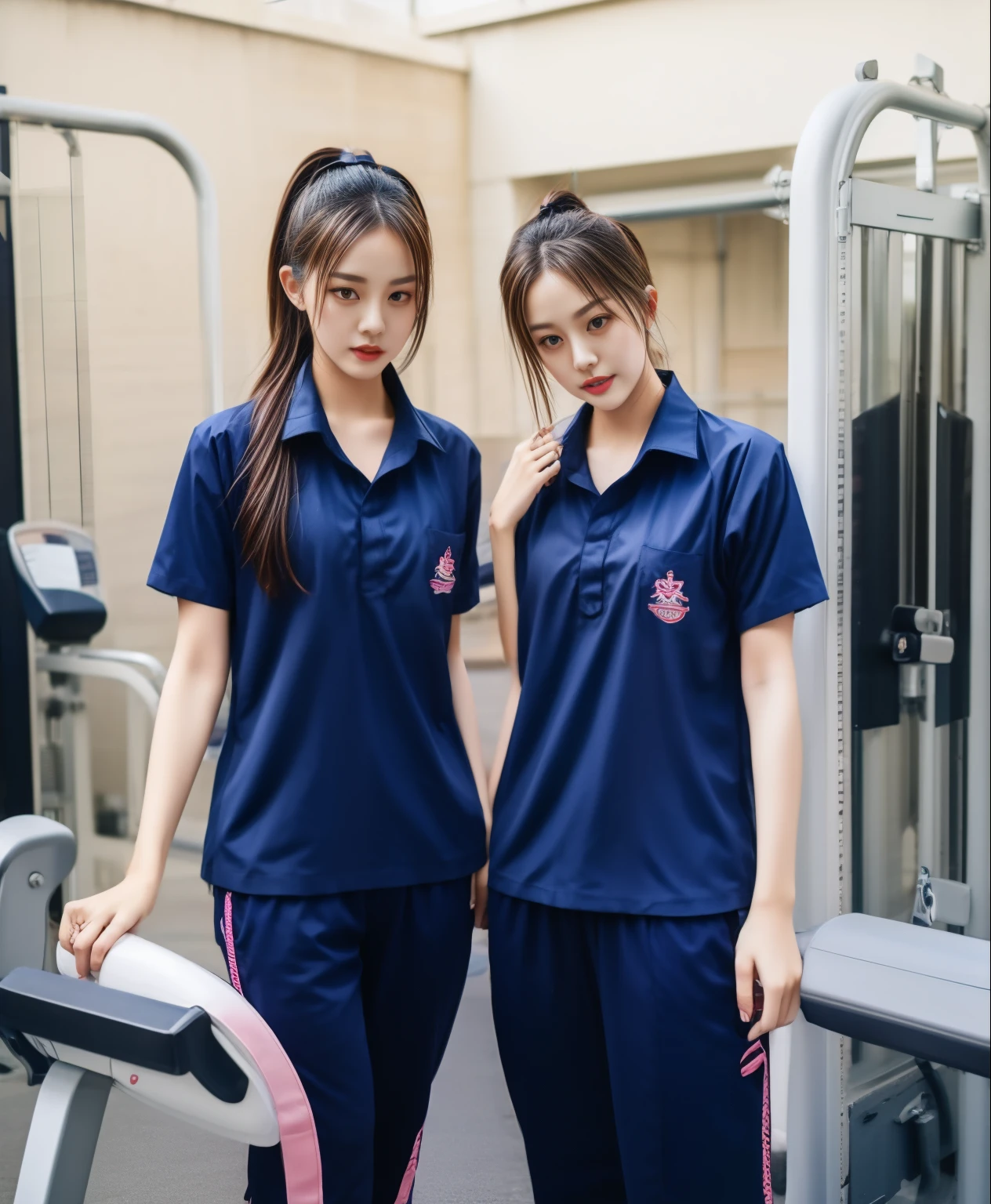 3 girls in fitness center, Navy blue short-sleeved shirt,Navy Long Trackpant,Sweatpants, Sweatpantsขายาว,25 year old girl, lesbian, sexy, exercise clothes, wet body, exercise clothes