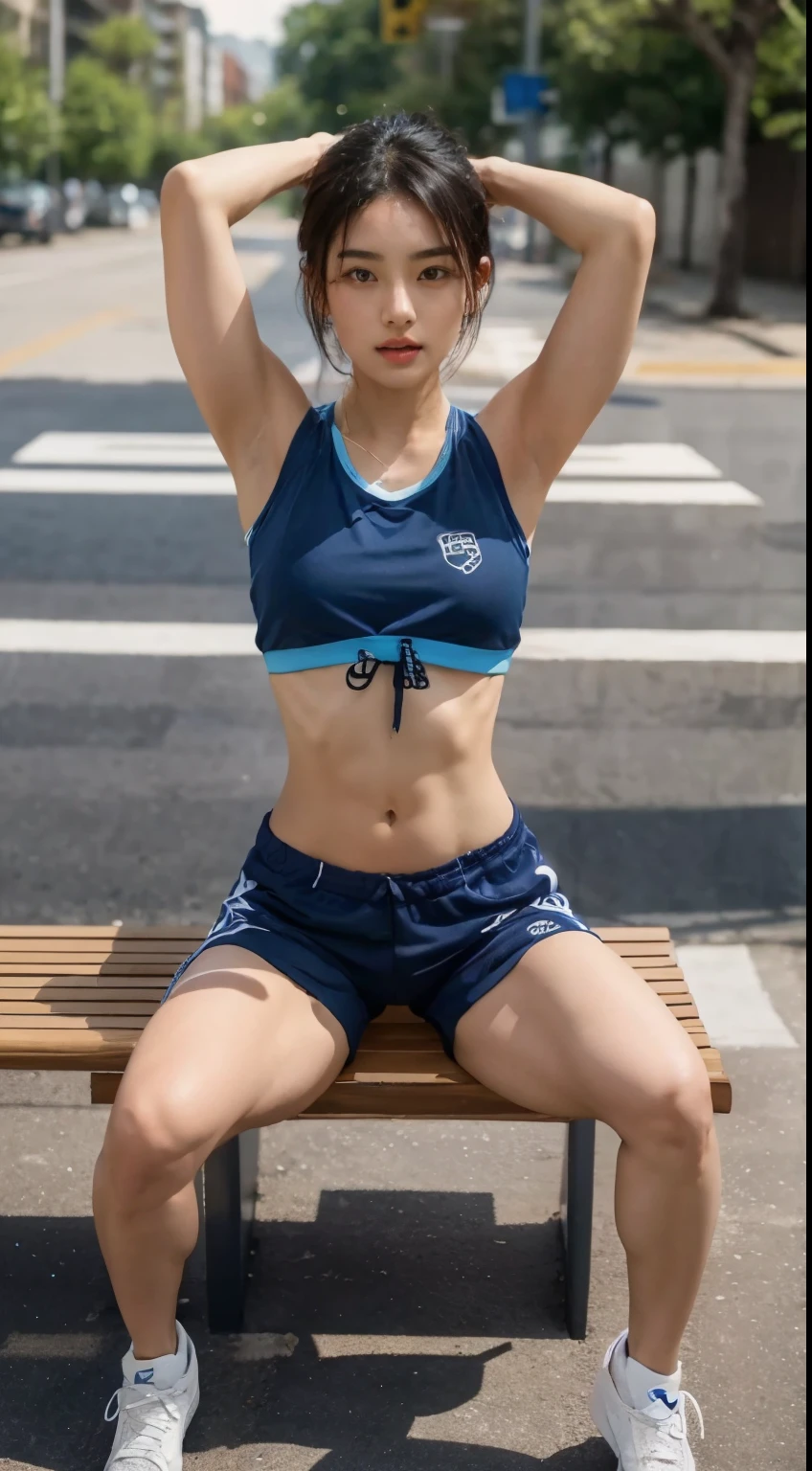 There is a woman sitting on a bench with her hands on her head, sports bra and dark blue shorts, sporty physique, Satisfied pose, attractive pose, sports bra and shorts, pretty face with arms and legs, korean girl, sporty, attractive sporty physique, model with attractive body, fit girl, 2 4  old female model, slim girl model photo