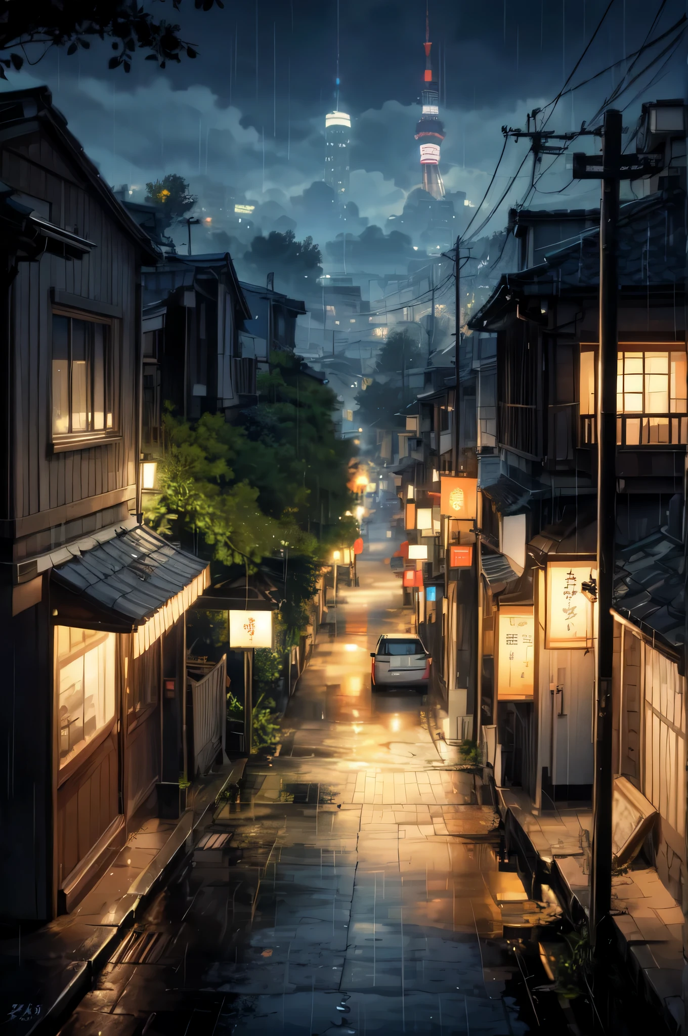 Painting of the rainy season in Tokyo city, alley , Beautiful scenery, rainfall,slippery road ((sparkling look)),HD, high quality, reflection in water, bushing,4k HD, cloud,beautiful art uHD 4 k, A beautiful artistic illustration, Beautiful digital painting, Highly detailed digital painting, Beautiful digital artwork, Detailed Painting 4K, Very detailed digital painting, Rich and picturesque colors, Gorgeous numbers
