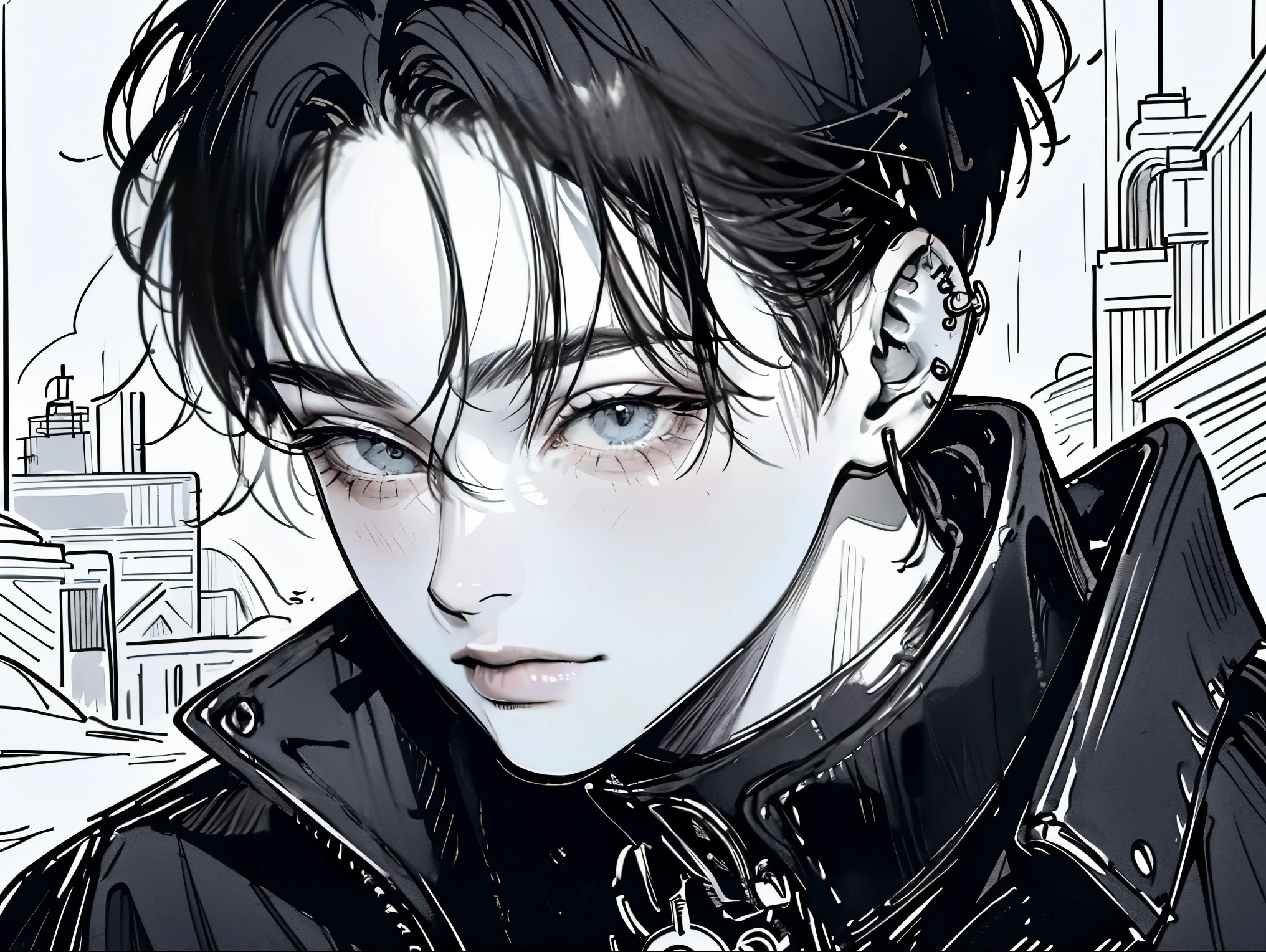 (4K works))、masterpiece、(top-quality)、((Midnight Night Road))、Korean Male、Adult male、((Adult 50 years old))、((Adult uncle type))、((Leather Jeans Style))、((Face similar to Hyunjin))、Cool Men、tall、((Gentle face))、((Long sleeve long trouser style))、((Smaller face))、Slim body、(((short-haired)))、((shot from front))、((Shot alone))、((Solo Photography))、Professional Photos、((He is in front of the viewer))、((Monochrome photography))、((Upper body photography))、((Wear a lot of piercings))、((Icon Photo))、((Sick Boys))、((Mine Boys))