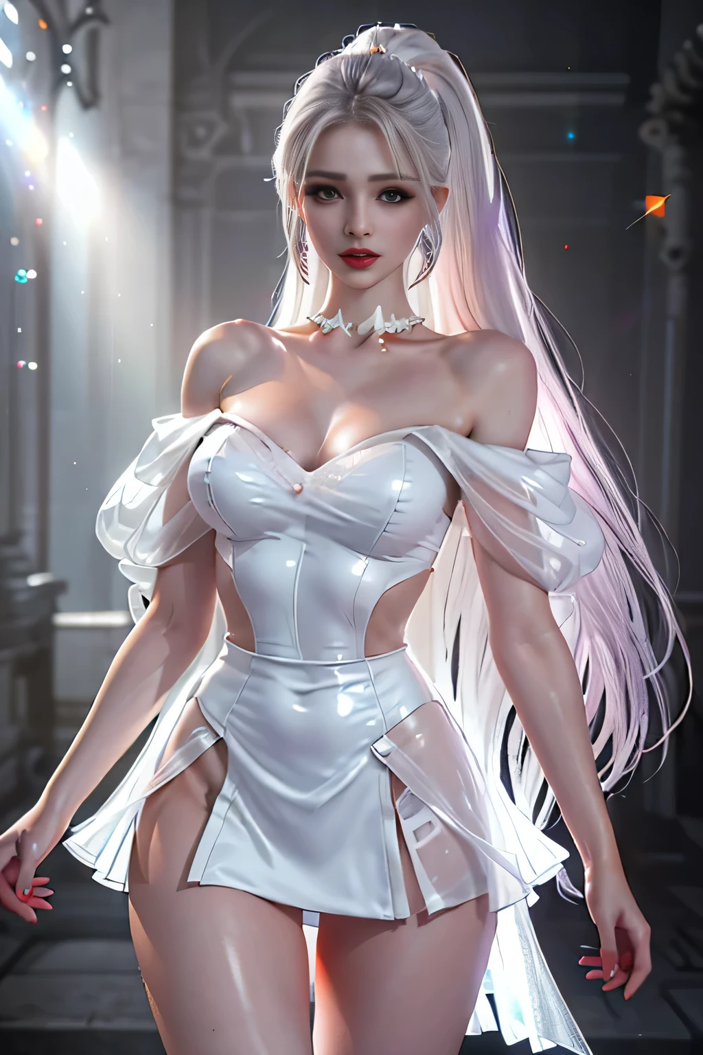 1 beutiful girl, (off shoulder translucent、Pure white dress mini skirt type), purple platinum long ponytail hair, jewelry, ear jewelry,, Carefully drawn large purple eyes, Be careful with makeup, thin eyebrows, high nose, Beautiful red lips, No smile, pursed lips, rosy cheeks, (medium sized breasts), proportional breasts, slim waist, colorful, bright and realistic, RAW photo, realistic pictures, ultra high quality 8k surreal photos, (effective fantasy light effect: 1.8), highly detailed eyes, look at the audience, dynamic pose,