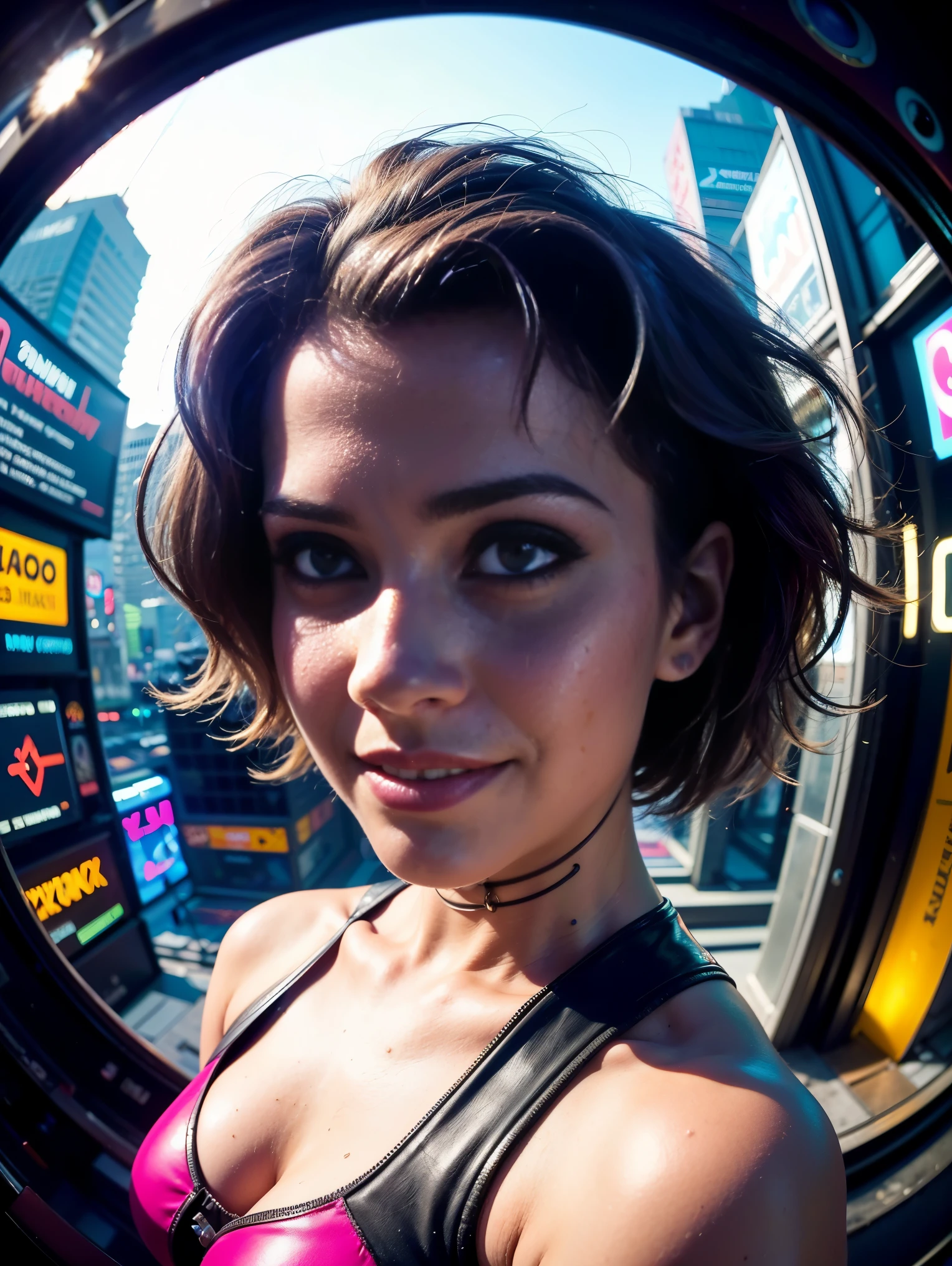 ((25 year old cyberpunk girls in a colorful Harajuku pop outfit)), ((((fisheye lens)))), Cowboy shot, the wind, Real Pile, big blue eyes, 8K, a perfect face, the perfect body, messy hair, Highly detailed eyes, Highly detailed face, ((Cyberpunk 2077 cityscape)), (Cyberpunk aesthetics and atmosphere:1.3), Bright colors, Smiling, ((Cinematic lighting))