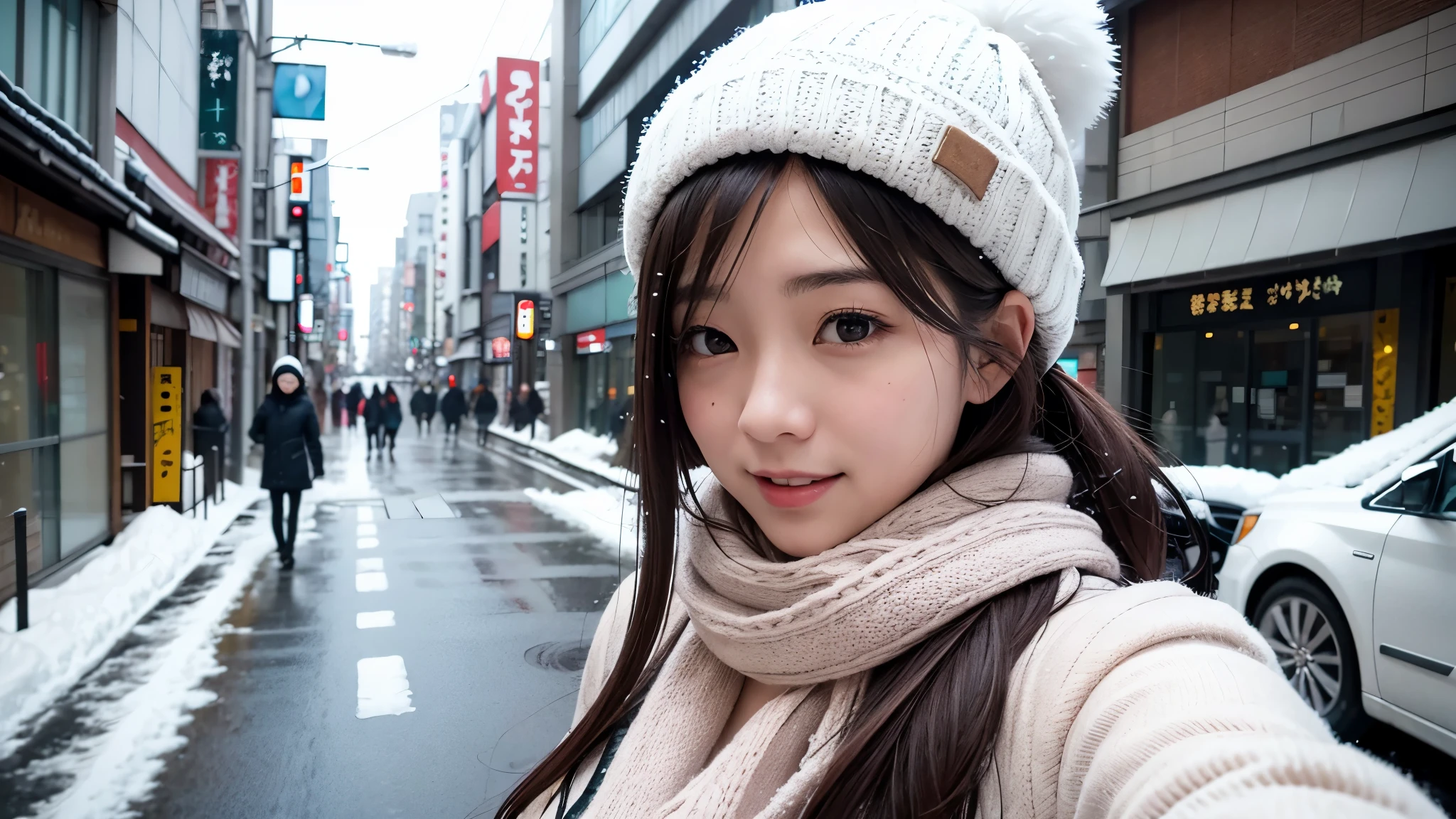 1girl,foreshortening, on the tokyo street, realistic, highres, female focus, solo,snowy day, scarf, hat, flying snow,