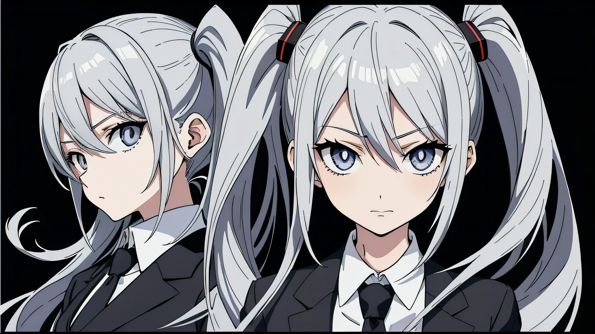 (anime poster, anime portrait, black border with gray background)
1girl, young, upper body, looking at viewer, silver twintail hair, silver eyes, school suit, silver tie, chainsaw man style
