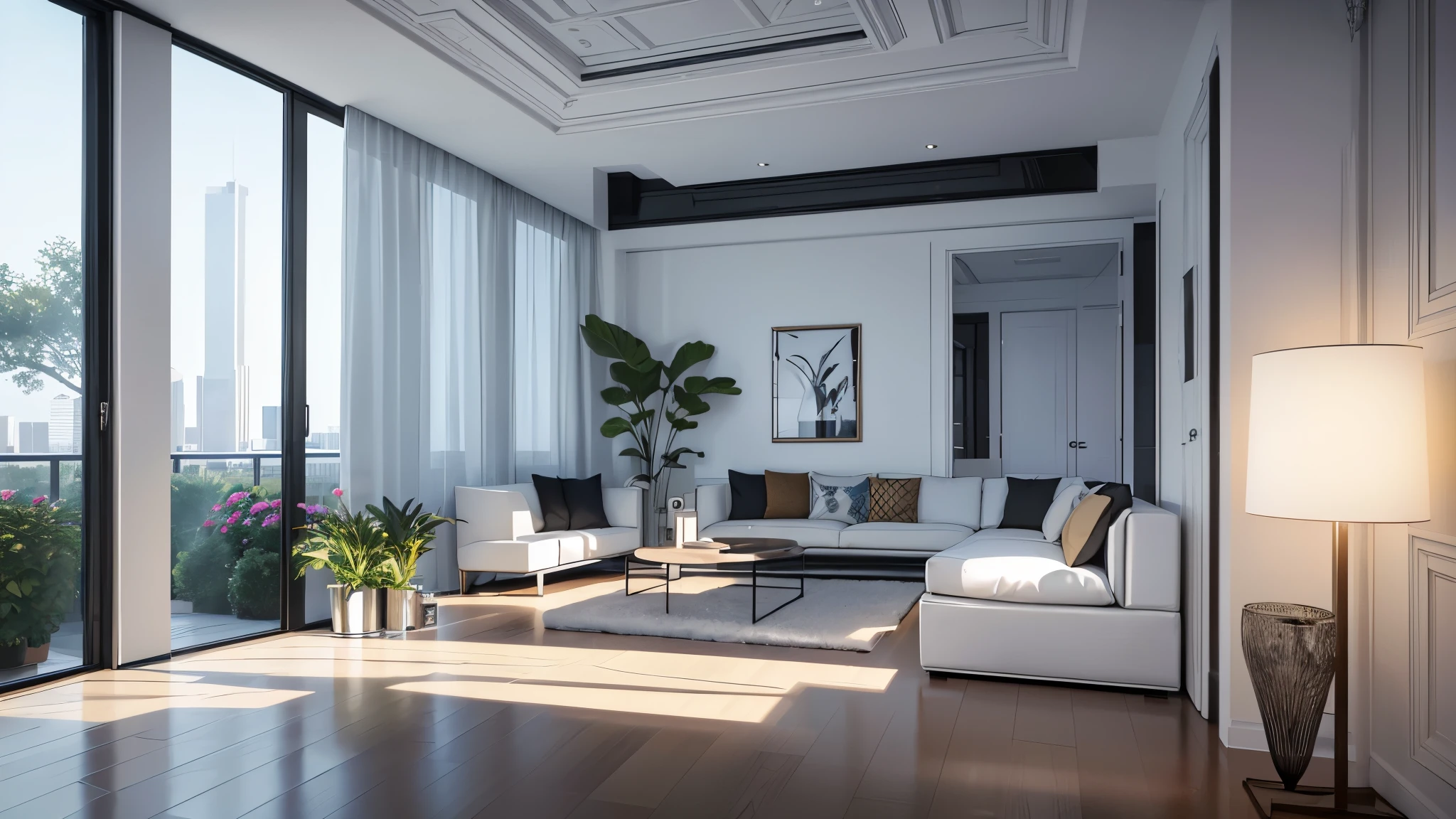 You are a famous interior designer、You have been asked to create a 3D image of a modern large room. Create a harmonious environment with modern and minimalist furniture. Including garden interior.