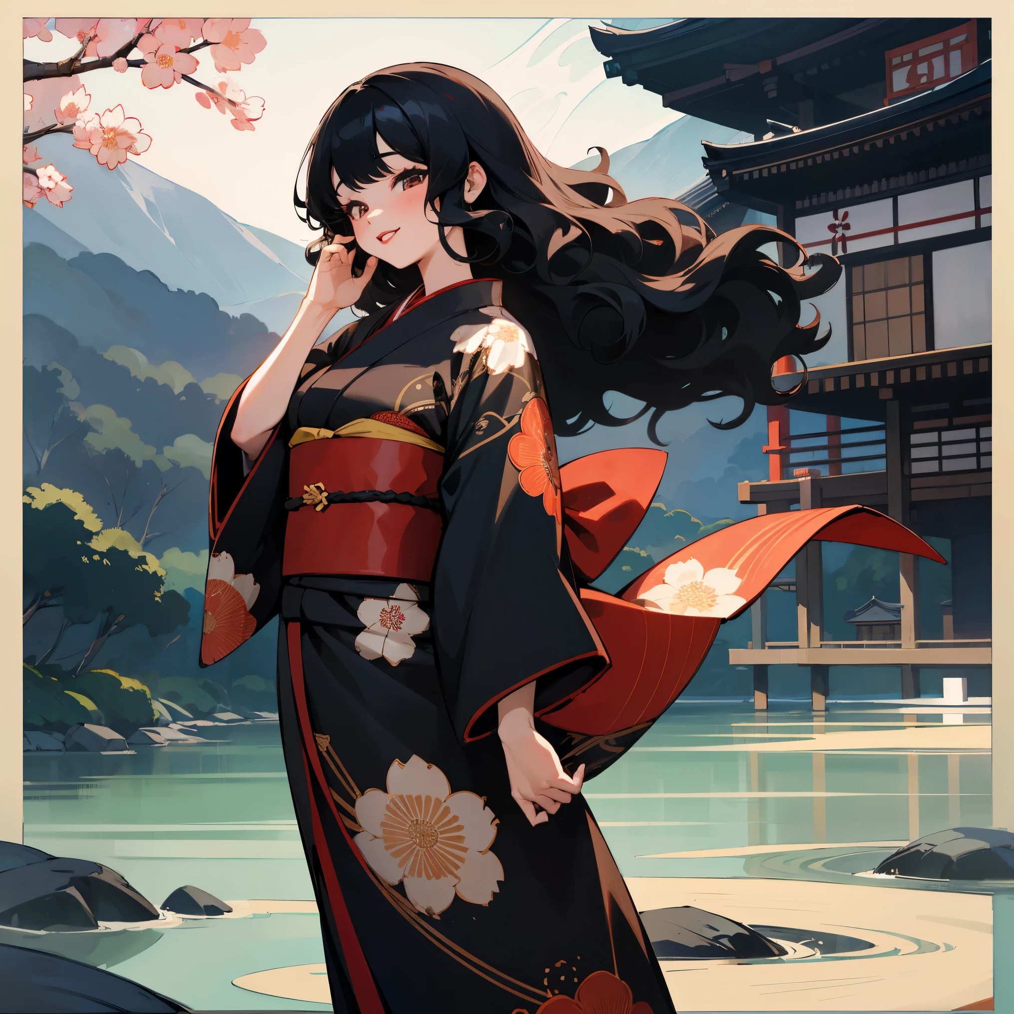 1female , Black Hair , Wavy Hair , Medium Length Hair , Black Kimono with floral patterns , Standinf by River , Japanese village background , Curvy , Red Lipstick , Happy Expression 