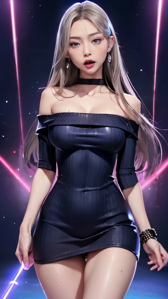 (masterpiece:1.3), (8K, realistic, RAW photo, highest quality: 1.4), ( Adult Girls), beautiful face, young and beautiful big breasts、big cleavage、(thin face、big earrings、Small Gems、wrist accessories、waist accessories), beautiful ash gray hair color, multicolored hair、realistic eyes, beautiful and detailed eyes, (realistic skin、迸るSweat、oil skin,sparkling skin、realistic skin texture、詳細なbeautiful skin、shiny skin、shiny skin)、beautiful skin, break、(off shoulder、ribbed fabric sweater dress、big breastsサイズ), evil smile、charm, charm的な、ultra high resolution, 超realistic, very detailed, beautiful feet、細くcharmな太もも、((full shot :1.8)) , Office lady、((スレンダーbig breasts、slender body、small face、thin neck、thin body、thin arms and legs))、(((night club、Night BAR、disco Club、gorgeous neon lights、laser beam effect、pink and blue neon lights))), Shadow、break、Looks embarrassed、((Sweat, vapor))、(cowboy shot:1.5), drooping cut length、cold gaze、scornful face、Contemptuous face))、(slender body、big breasts、Long breasts、saggy breasts、Weaning), break、((open mouth、stick out tongue、elongated tongue、fluorescent pink gloss lip))、(Sexy Standing Pose)