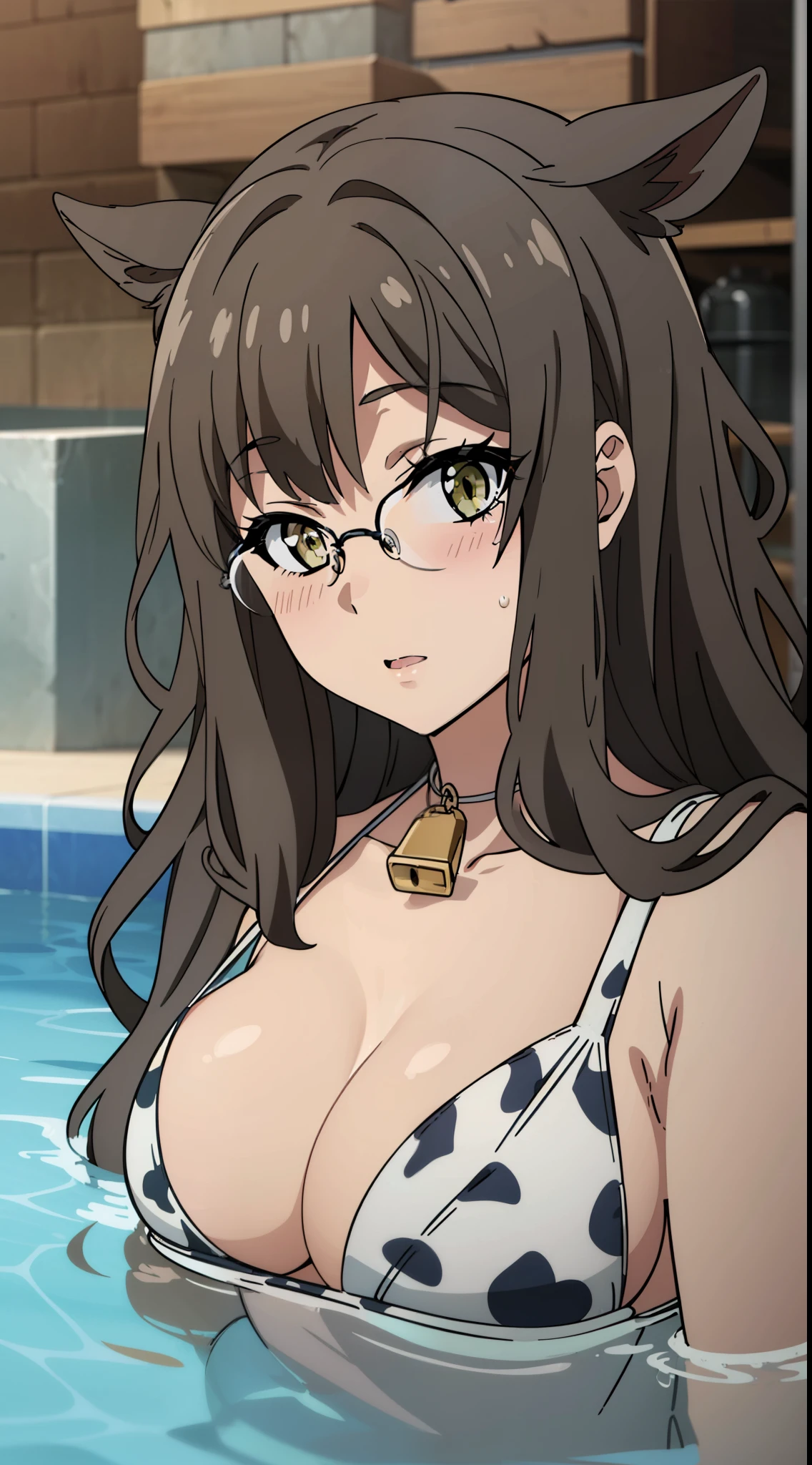 (((pixel perfect, detail perfect))), alone, 1 girl,master piece,detailed face,ray tracing, looking at the viewer, Glasses,Poolside,micro bikini,blush,embarrassing,big breasts,cow pattern,Cow Bell,cow horn yellow eyes,