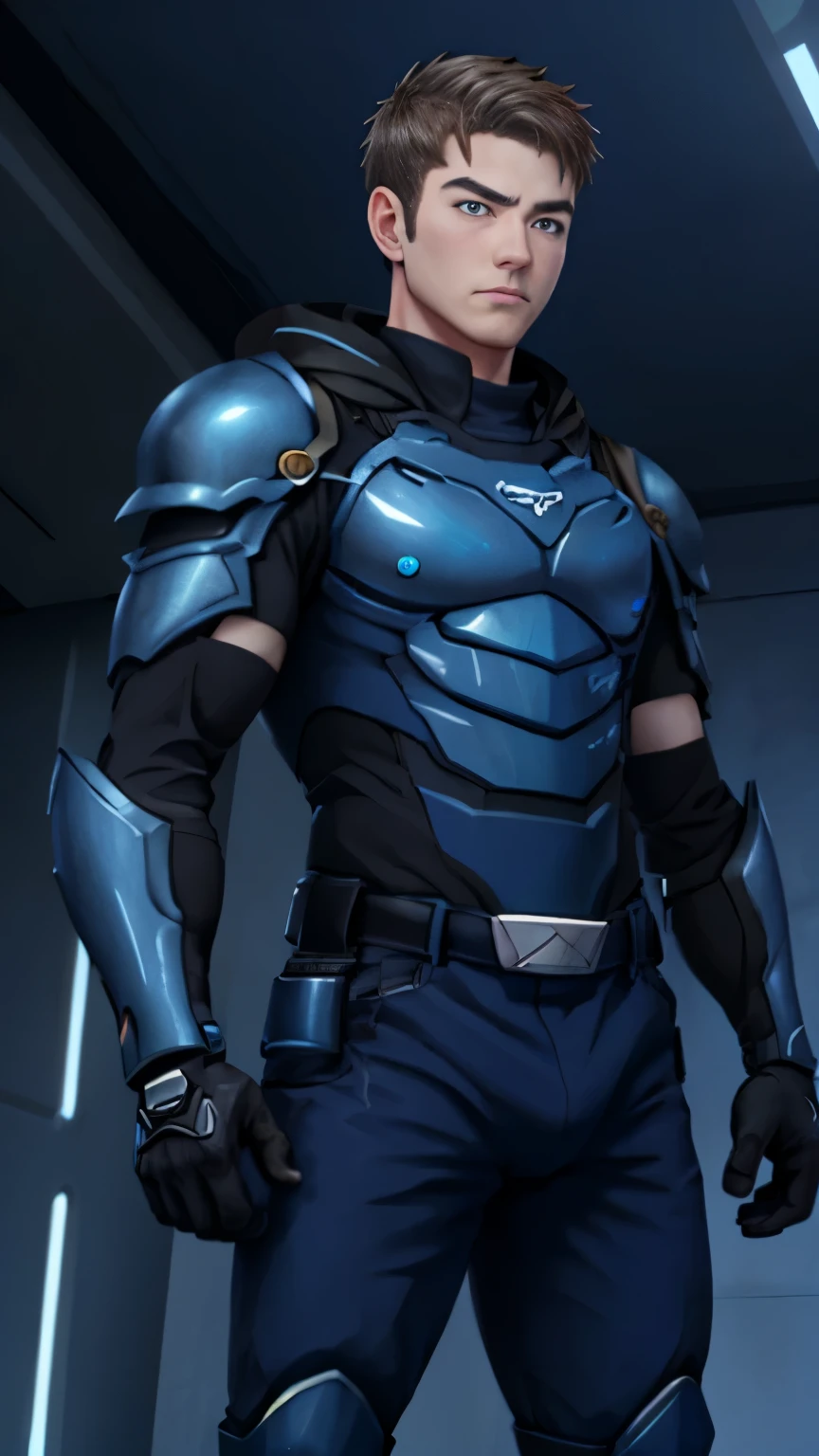 （1 Adult male），A high resolution， Sharp focus， Pixiv masterpiece， （（Complicated details））， highly detailed， natsuki_subaru， 1 man， The expression is serious，full bodyesbian， blue colored eyes（eyes glowing）， blue short hair，blue armor，Wear arm guards，Wear a belt，perspire，look from down