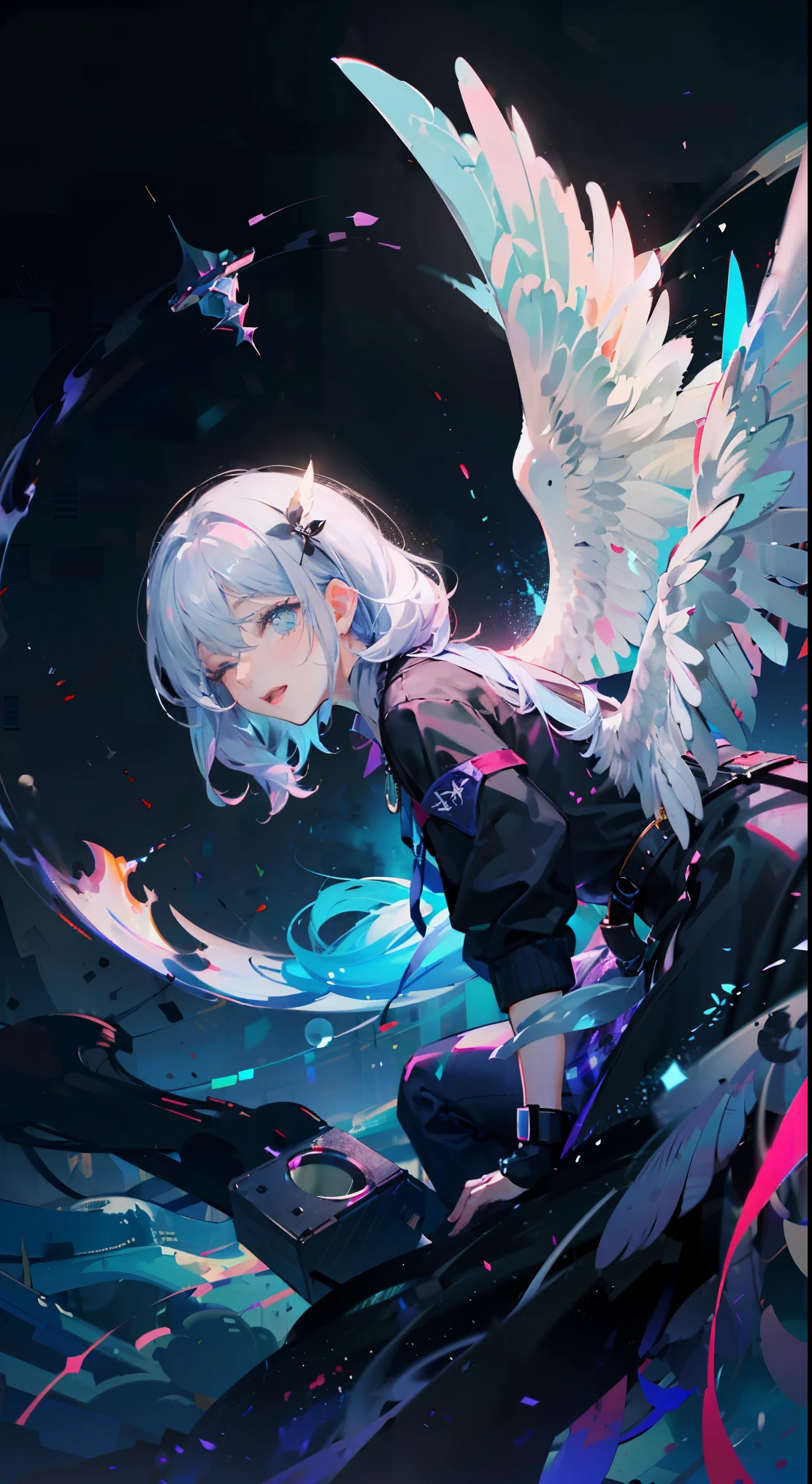 (Highest picture quality),(Master's work),(ultra-detailed),(Detailed eye description:1.0),(lens flare:1.0),(movie poster:1.0),(Tarot border:1.0),the portrait is centered,(close-up:1.0),(nagative space:0.8),(negative space:1.6),(solo),(floating colorful {wind|water magic|ink|crystals|ice|fire|flame|lightning|web|rocks|sand|particles|sparkles|blood}:1.0),(many colorful {soap bubbles|clouds|thorns|spikes|vines|currents|spirals|halos|wings|tatoos|cubes|octahedron}:1.0),(floating {red|green|blue|aqua|purple|yellow|black|white|grey|pink|orange|lime} {ribbons|feathers|particles|blades|droplets|snowflakes|soft balls}:1.0),({crystal|ice|fire|flame|wind|water|earth|stone|space|musical|sonic|vortex} {magic|wings}:1.0), ({ray tracing,glowing|dappled sunlight,light rays,caustics|night,black theme|mysterious,eerie|easygoing,pastel}:1.2), ({colorful|iridescent|multicolored}:1.0),(beautiful detailed glow:1.0),({leaning forward|leaning back|leaning to the side|}:1.2),{(smile:1.0)|(smirk:1.0)|(grim expression:1.0)},({small|small||lips,eyelashes}:1.0),{(open mouth:1.0)|(closed mouth:1.0)|},({eyelashes|eyeshadow||}),{one eye closed|||},({red|green|blue|aqua|purple|yellow|black|white|grey|pink|orange|lime} hair:1.4),({short|long|medium} hair:1.0),({from below|from above|from side|from behind|facing viewer}:1.3),(halo:1.3),(head tilt:1.0),(dynamic pose:1.1),(asymmetrical hair:1.2),({red|green|blue|aqua|purple|yellow|black|white|grey|pink|orange|lime} {armor|dress|collared shirt|suit|outfit}:1.0),({formal|military|techwear|urban style|casual,casual clothes|fantasy,magician|feral,tribal|sci-fi,futuristic}),({plaid skirt|layered skirt|puffy dress|tights|pants|shorts}),({red|green|blue|aqua|purple|yellow|black|white|grey|pink|orange|lime} {eyes|eyes|pupils}:1.4),{(forehead:1.5),asymmetrical bangs|diagonal bangs|hair between eyes|blunt bangs|swept bangs},{one eye covered|ponytail|high twintails|||},{straight hair|wavy hair|drill hair||},{long coat|suit jacket|cloak|sweater|tie||},{(floating c