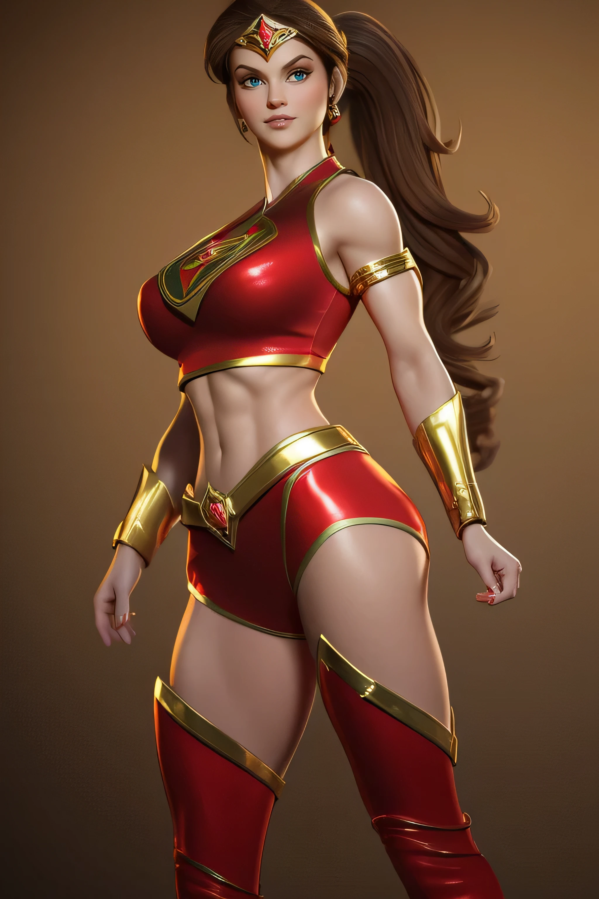 Sexy alexandra daddario as a beautiful female superheroine , green eyes brown hair, ponytail, red crop shirt, with a golden Star, wears a golden tiara on forehead with a red gem in her head , golden bracelets, long red boots, and small red shorts portrait photography by artgerm, in the style of realism, glistening skin, cartooncore, mangacore, natural lighting, Defined full lips. Muscular fitness feminine body