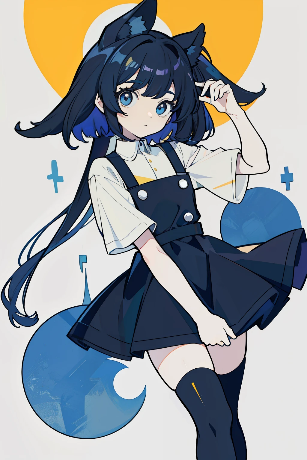 ENA (Joel G), split color body (blue on right, yellow on left), white t-shirt, black overall dress, 1girl, black socks (thigh-high on right, ankle on left), grain effect on hair, perfect anatomy, better hands, anime style, cowboy shot