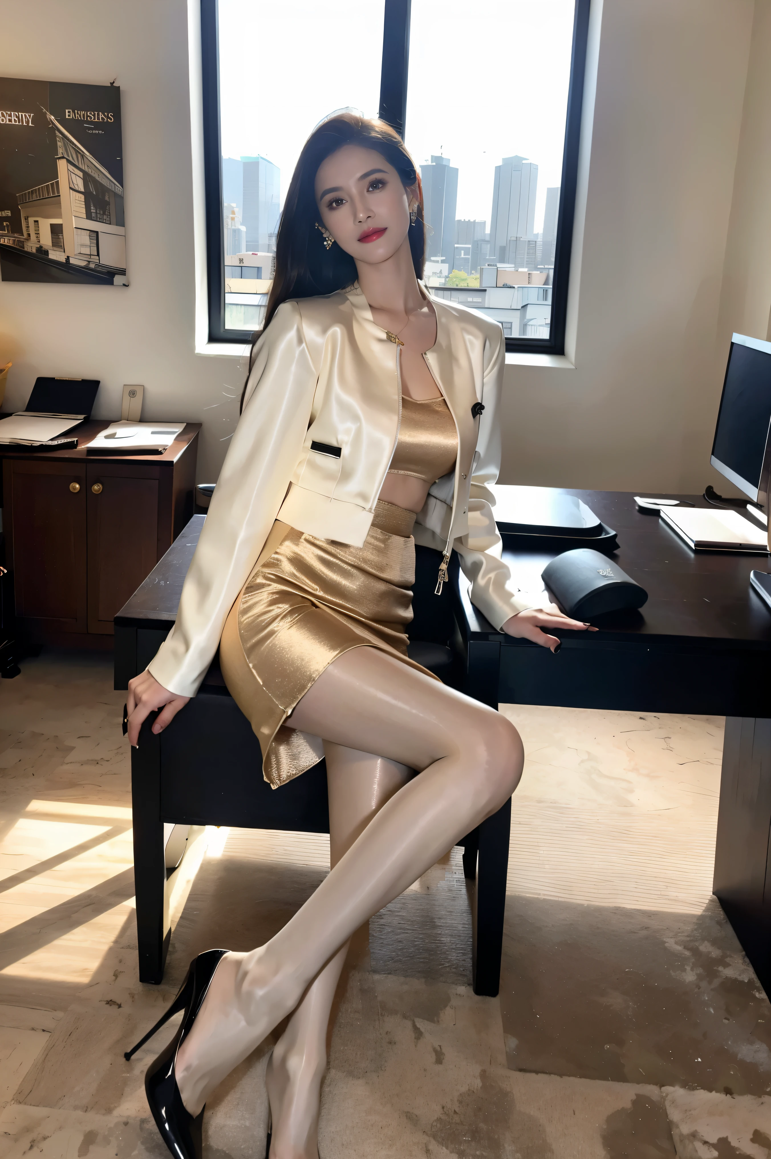 1 girl,(European model:1.3),31 years old,Beautifully,Business women&#39;s clothing,(jacket:1.1),(shirt:1.1),(wrap skirt:1.1),Accessories,jewelry,briefcase,knitwear,,black stockings，起goosebumps,goosebumps，（fidelity：1.3），filigree，quality，（masterpiece：1.2），（fidelity：1.2），（best quality），（Skin details：1.3），（intricate details），drama，Ray tracing，photo，bathed in light and shadow，visual novel，Skyscraper boss office，Windows offer city views，film grain，Depth of field 100mm，Flick，full-body shot，color，High heel，