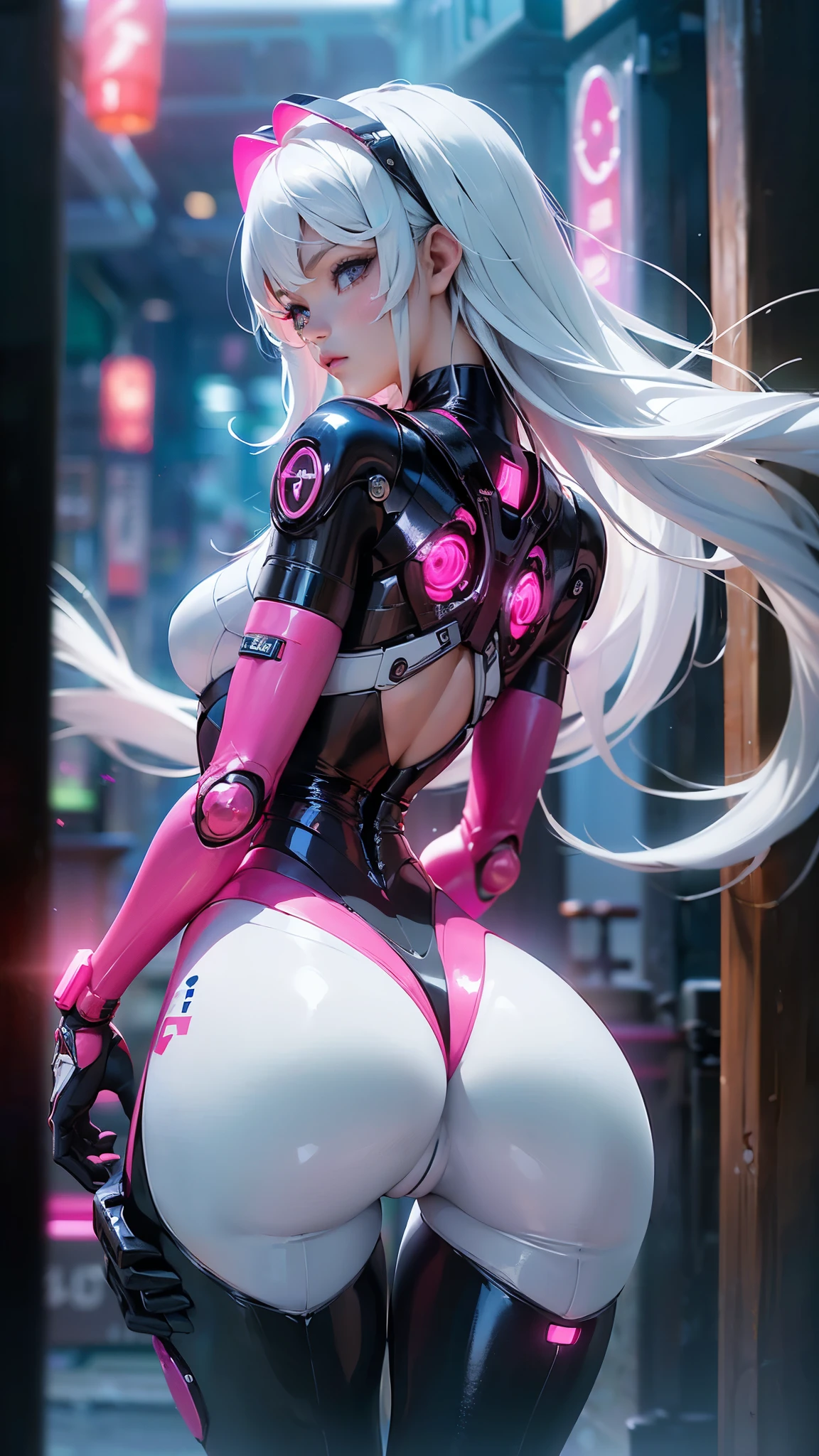 (rear view, backside view),the highest quality))、((Obra maestra)、ciberpunk、big glutes、arrodillarse、Electronic visor attached to the face of a with emphasis on the buttocks、Red latex body,Moda cyberpunk、pose sexy、(Usar polainas amarillas en la parte inferior del cuerpo、Agrandamiento de los senos、Neon lights in the dark city at night,Motor irreal:1.4,HD,La Mejor calidad:1.4, fotorrealista:1.4, textura de la piel:1.4, Obra maestra:1.8,Obra maestra, Mejor calidad,(beautiful and detailed description of the eye),( neon pink cyborg),(perfect anatomy),(convexo ,Dedos detallados),white cyborg latex bodysuit,, (perfect anatomy), (no mutations anatomy), (cabello white:1.4), (fondo ciudad Tokio ciberpunk noche:1.4), (caderas anchas trasero hermoso:1.4 ), (mostrando su culo),( mostrando su vagina:1.4 )