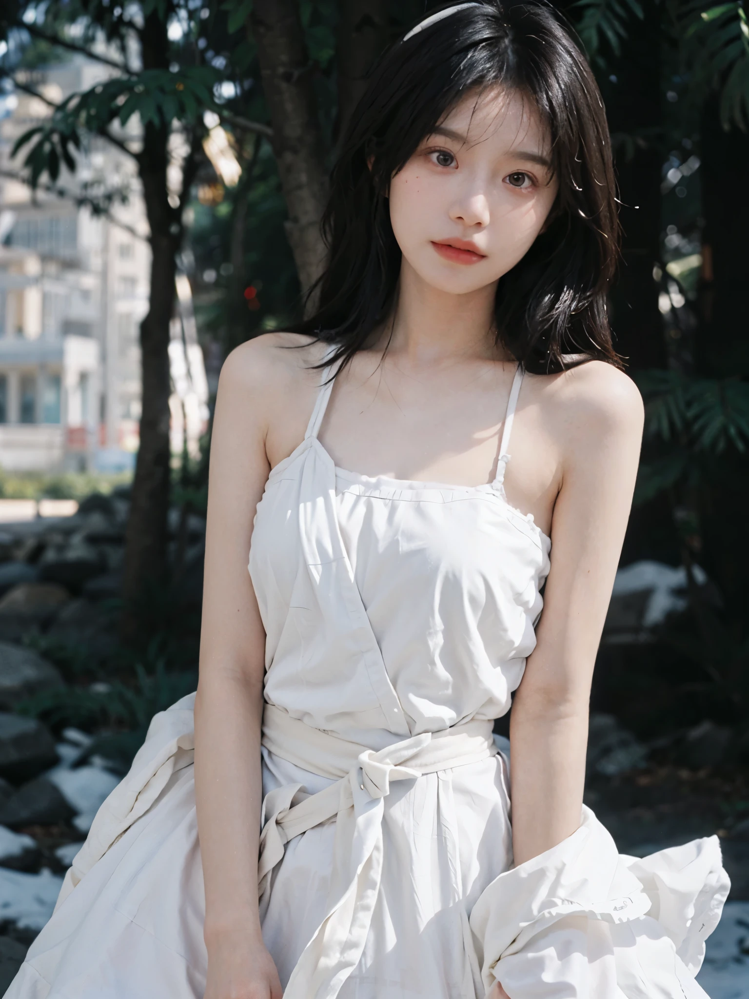 Film portrait photography, 2 girls, bare shoulders, Shoulder length wavy hair, white coat，Snow white sling， (Realistic and detailed eyes, natural skin texture, Realistic facial details),, depth of field, Bokeh, Vibrant details, Detailed and detailed, Surrealism, 35mm film, hazy, ,self-shot，