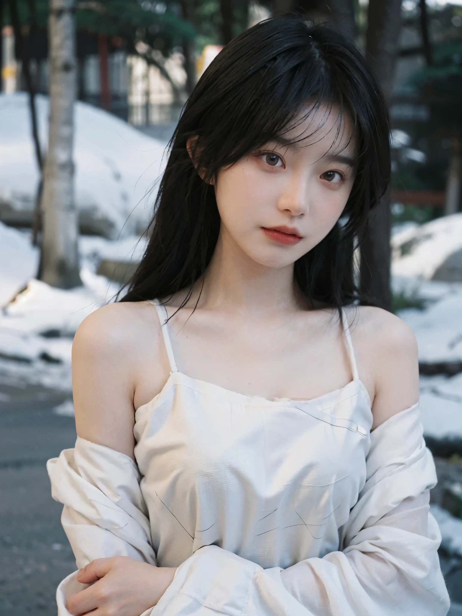 Film portrait photography, 2 girls, bare shoulders, Shoulder length wavy hair, white coat，Snow white sling， (Realistic and detailed eyes, natural skin texture, Realistic facial details),, depth of field, Bokeh, Vibrant details, Detailed and detailed, Surrealism, 35mm film, hazy, ,self-shot，